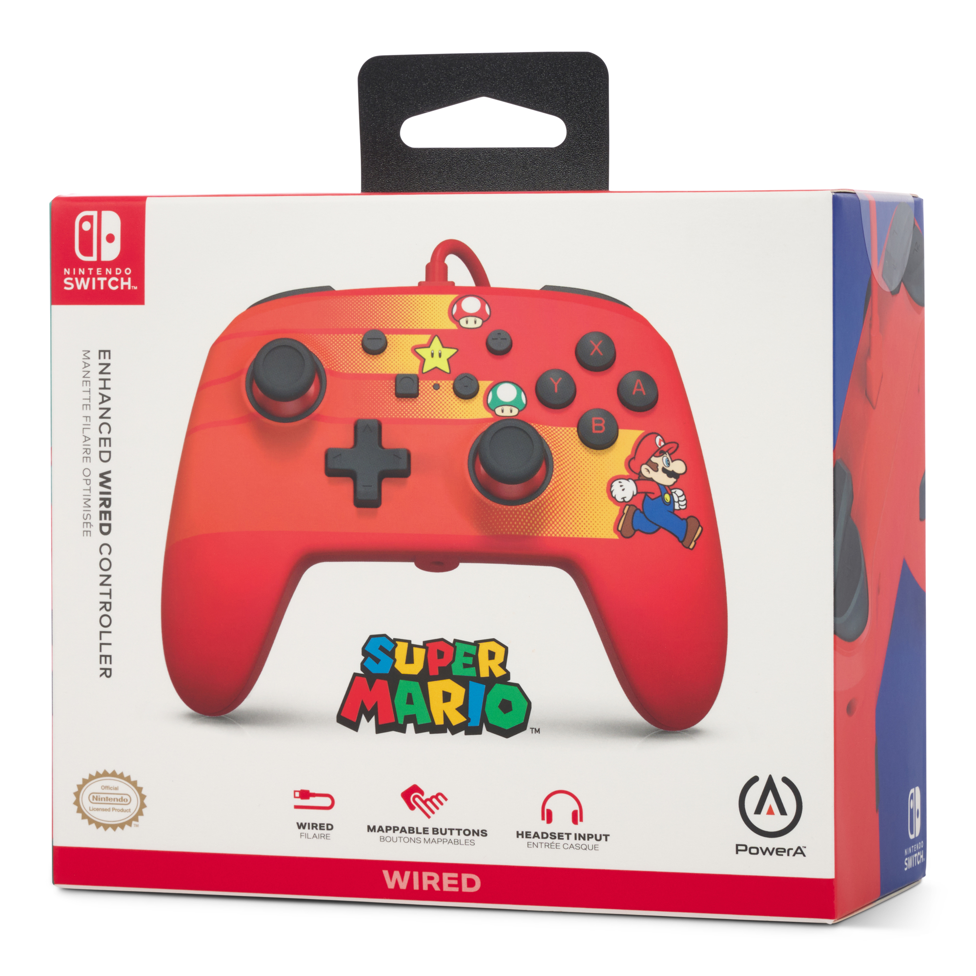 Super Mario Nintendo Switch kontrol kutusu, kırmızı, Mario sanatı ve kablolu metin ile.