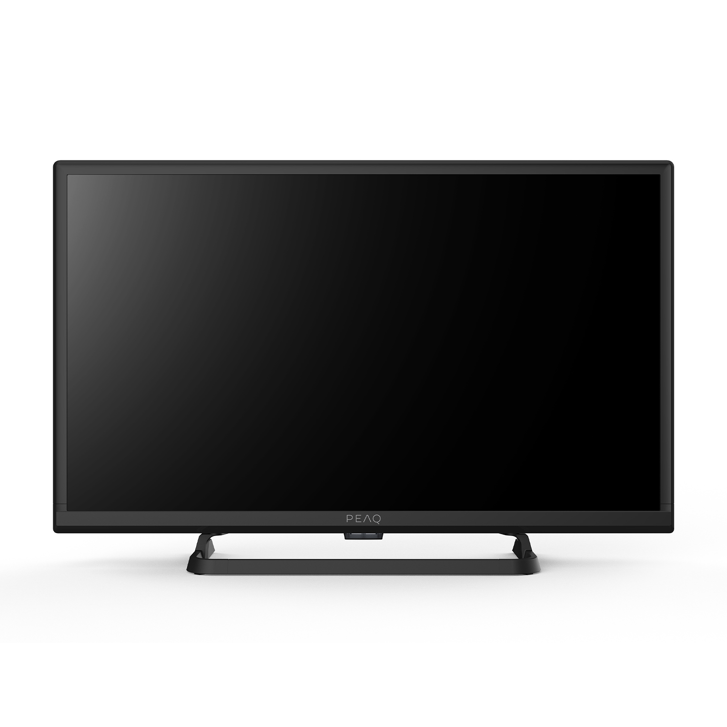 Un televisore a schermo piatto nero con cornice e supporto neri, su sfondo bianco.