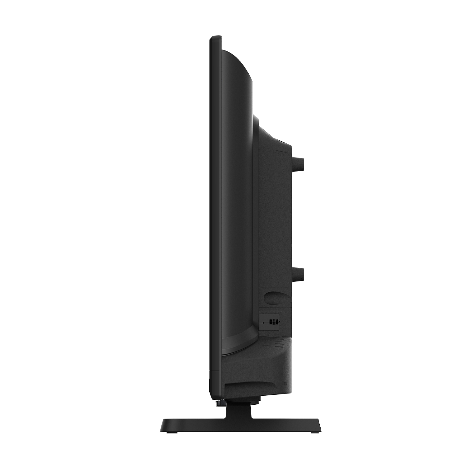 Vista laterale di una TV nera. È su un supporto. Il lato mostra porte e pulsanti.