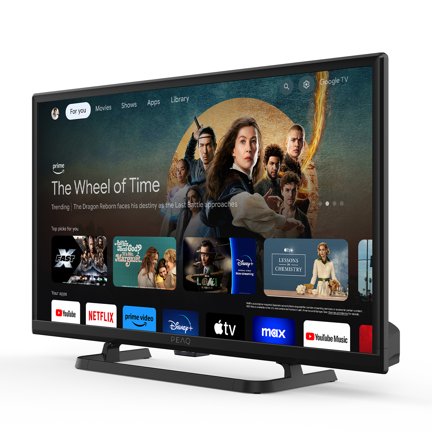 Uno schermo TV mostra una guida ai programmi. Il titolo sullo schermo è "The Wheel of Time".