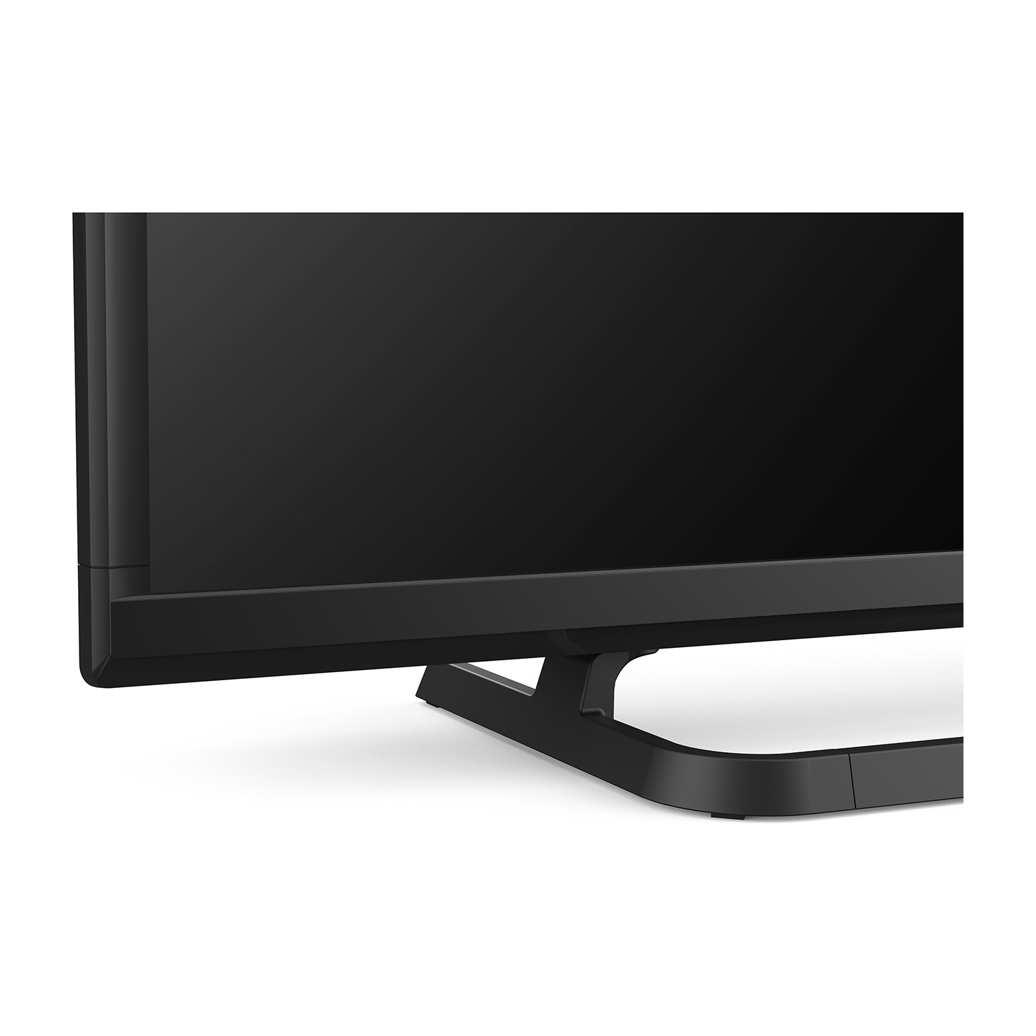 Schermo TV nero con supporto nero. L'immagine è un primo piano della parte inferiore dello schermo e del supporto.
