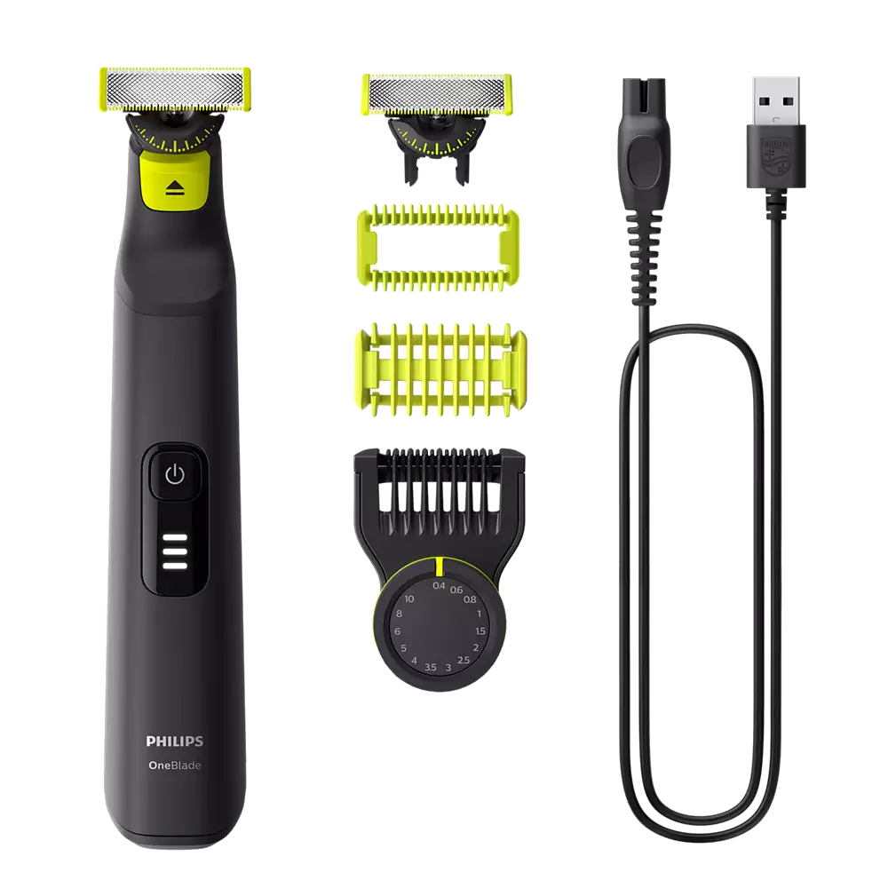 Elektrischer Philips OneBlade Rasierer mit verschiedenen Aufsätzen und Ladekabel.