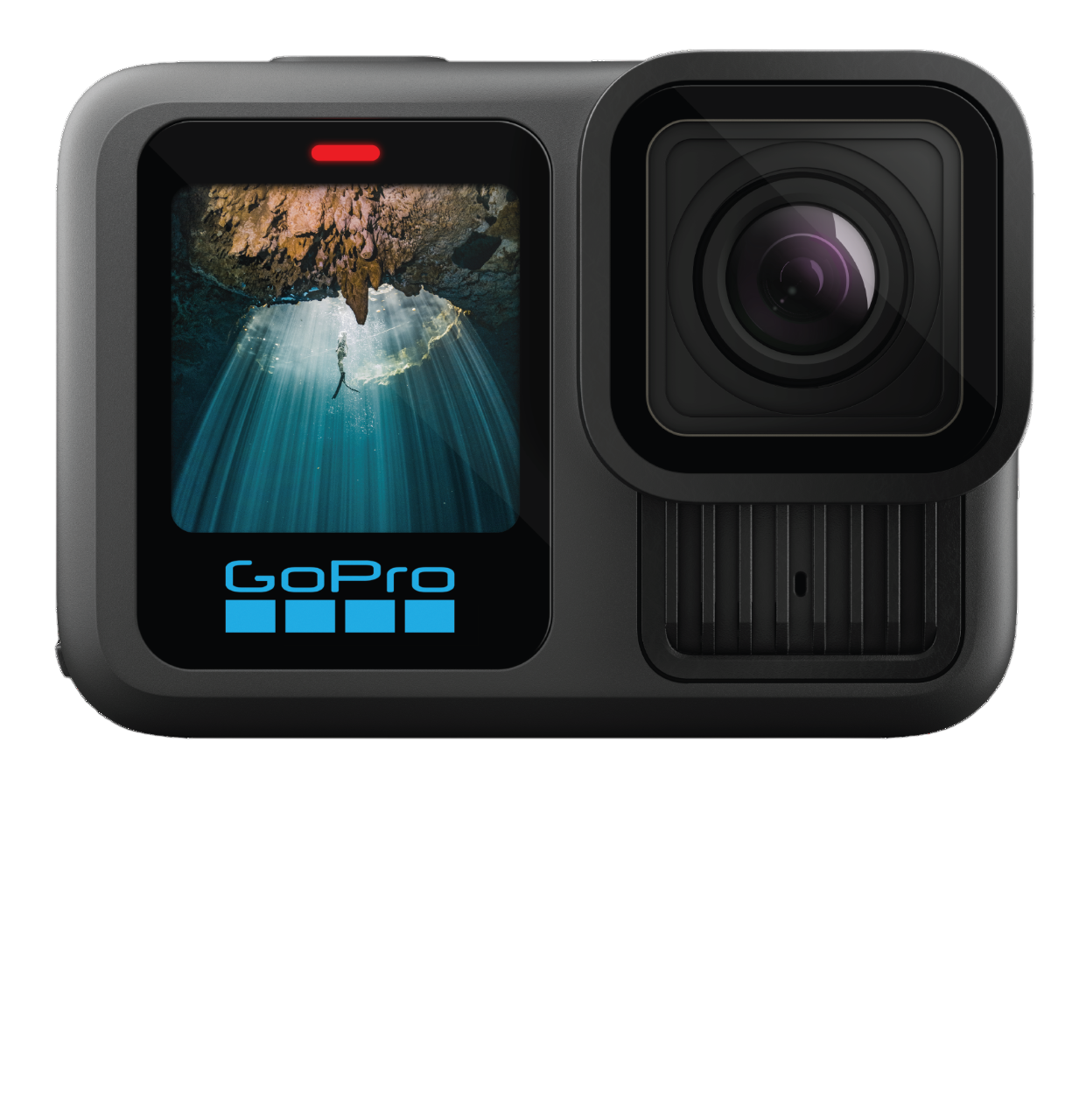 GoPro-Kamera auf schwarzem Hintergrund. Zeigt das Objektiv, einen Bildschirm mit einer Unterwasserszene und das Logo.
