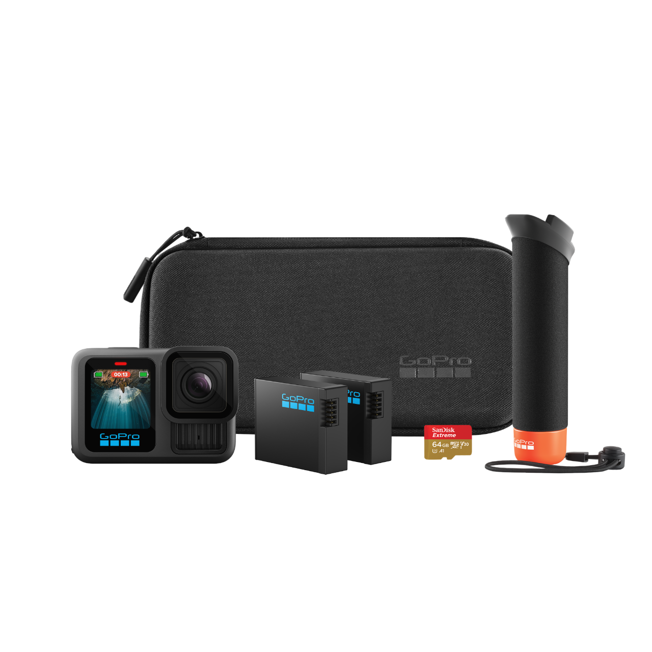 GoPro Kamera-Kit: Kamera, Akkus, SD-Karte, Tasche und Griff. Schwarzer Hintergrund.