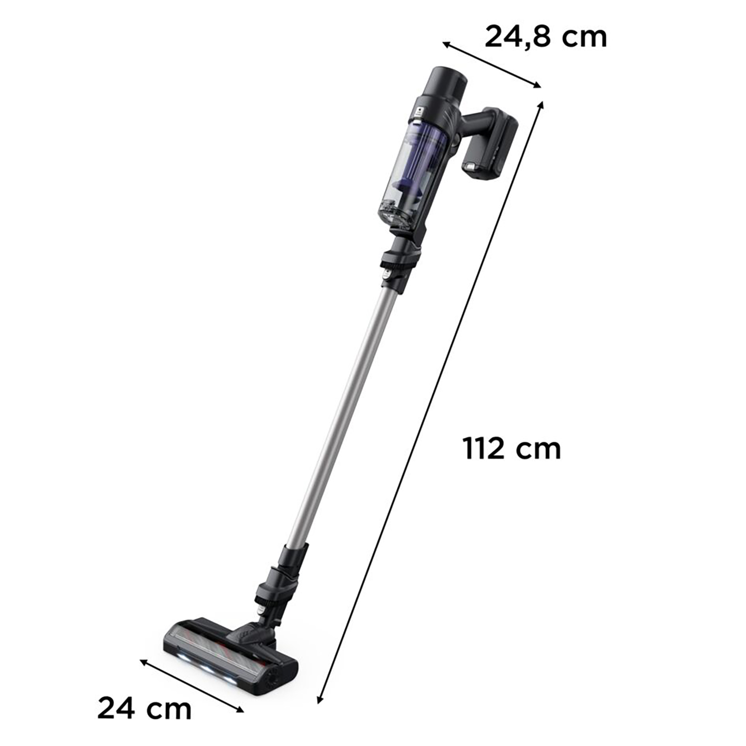 Aspirapolvere senza filo con dimensioni: 24 cm, 112 cm, 24,8 cm. Sfondo bianco.