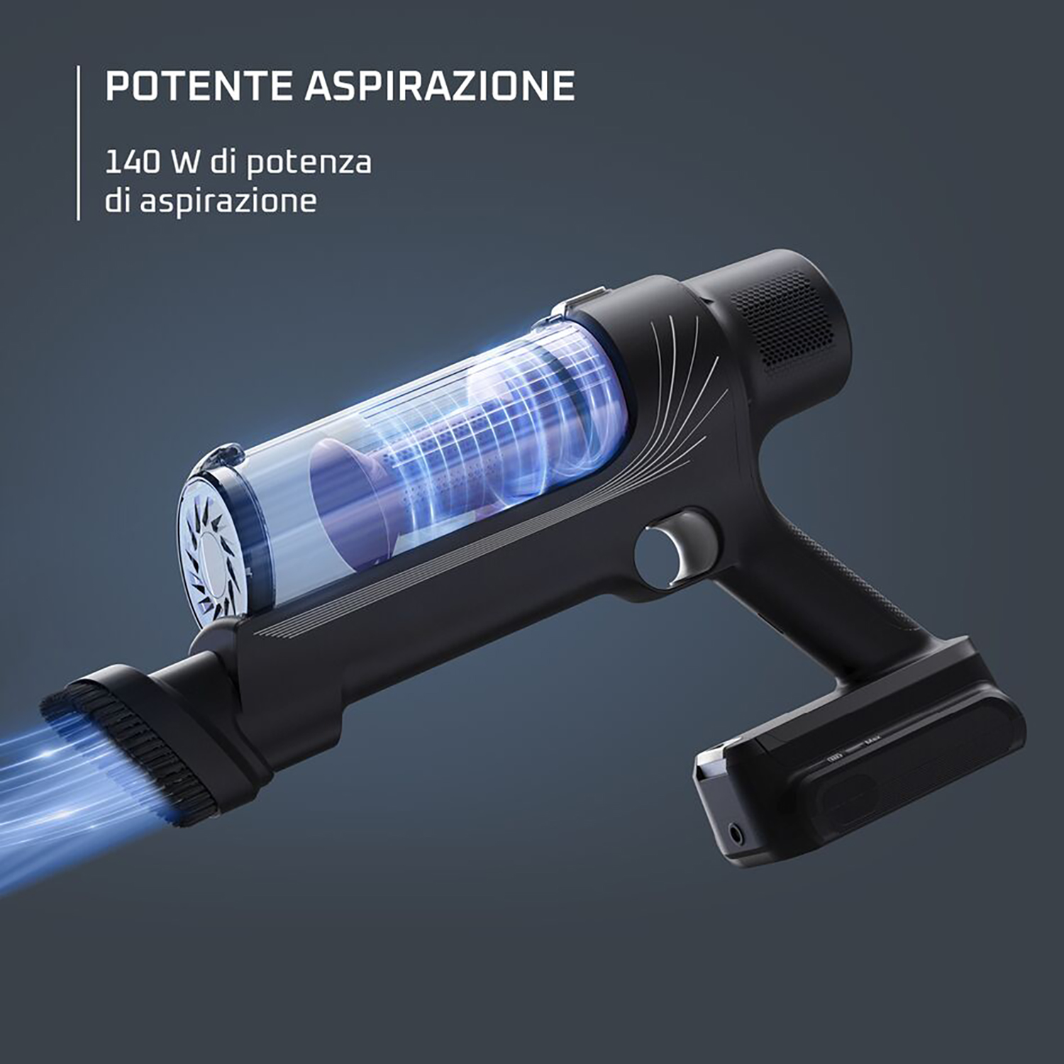 Aspirapolvere portatile nero. Il tubo trasparente mostra il flusso di aspirazione. La luce blu indica il funzionamento. Potenza 140W.