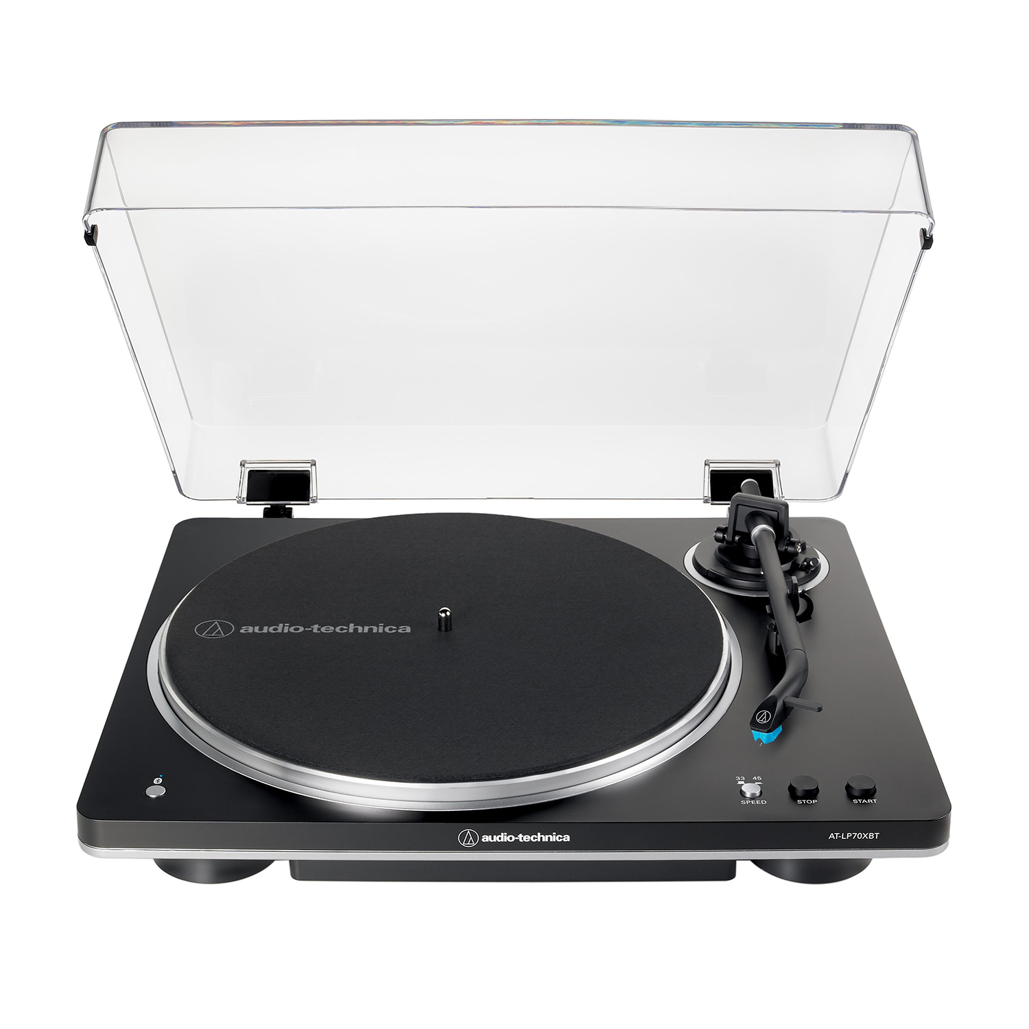 Giradischi Audio-Technica nero con coperchio trasparente, controlli e disco nero.
