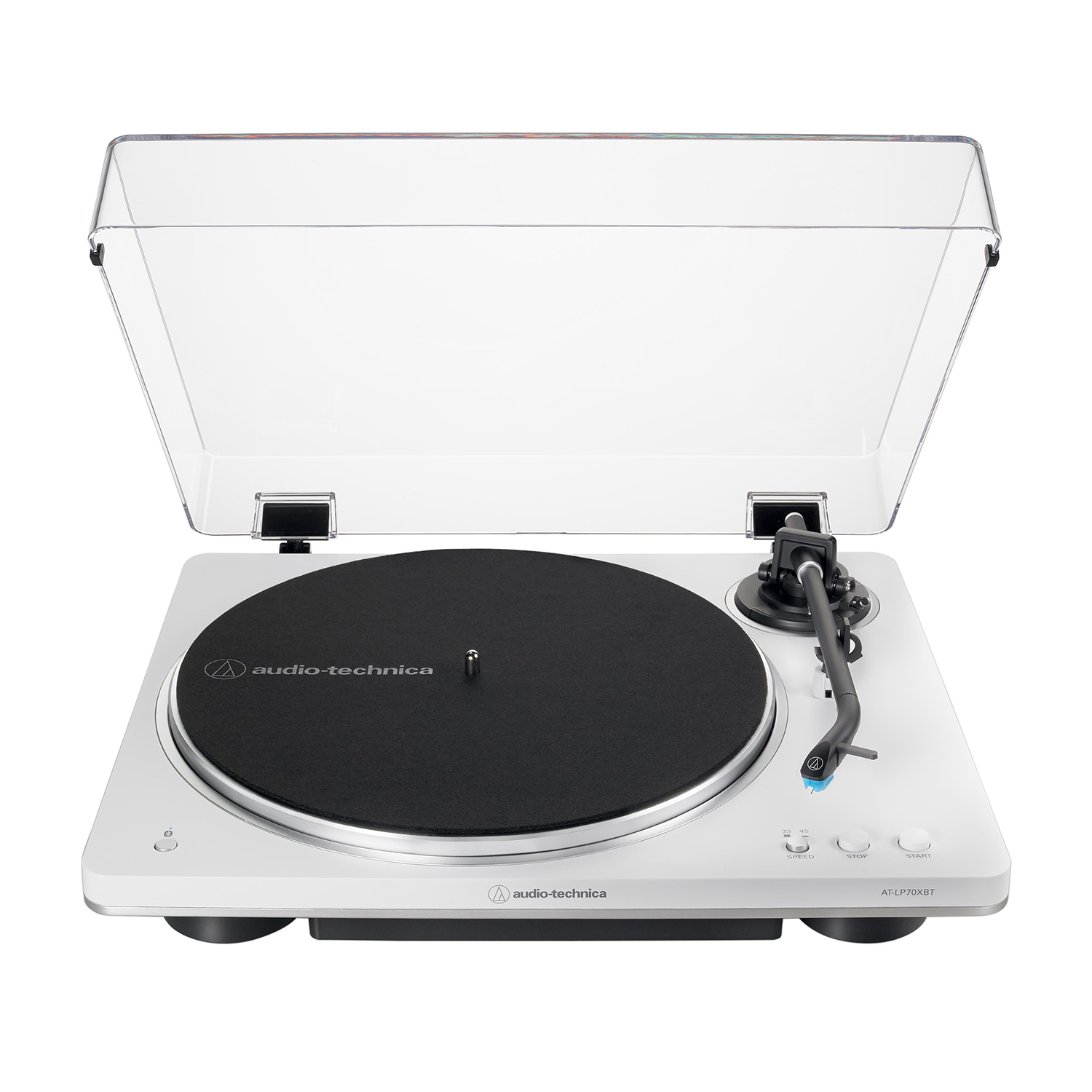 Giradischi bianco con coperchio aperto. Disco nero sul piatto. Logo Audio-Technica.
