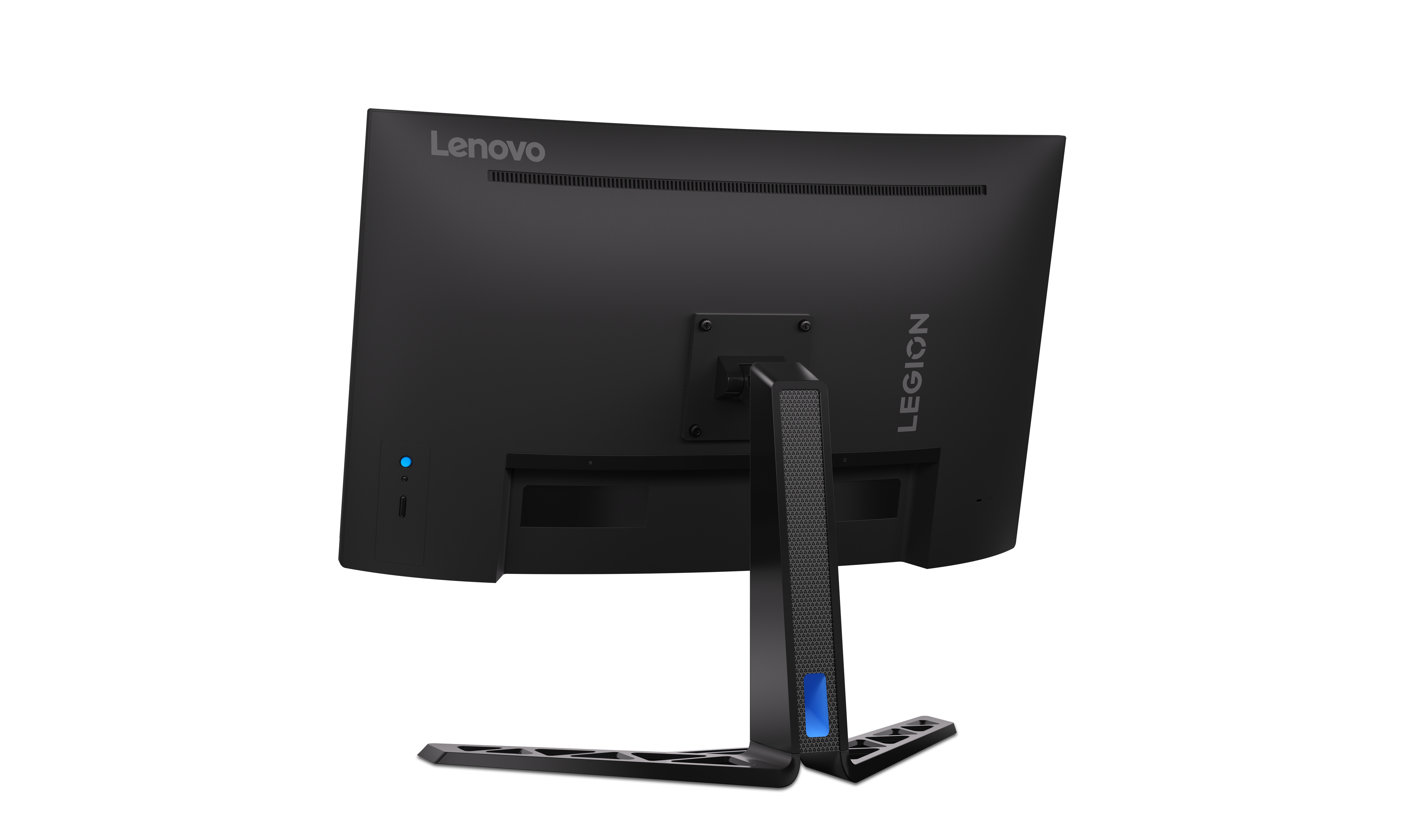 Rückseite eines schwarzen Lenovo-Computermonitors mit Ständer. Ein blaues Licht leuchtet am Ständer.
