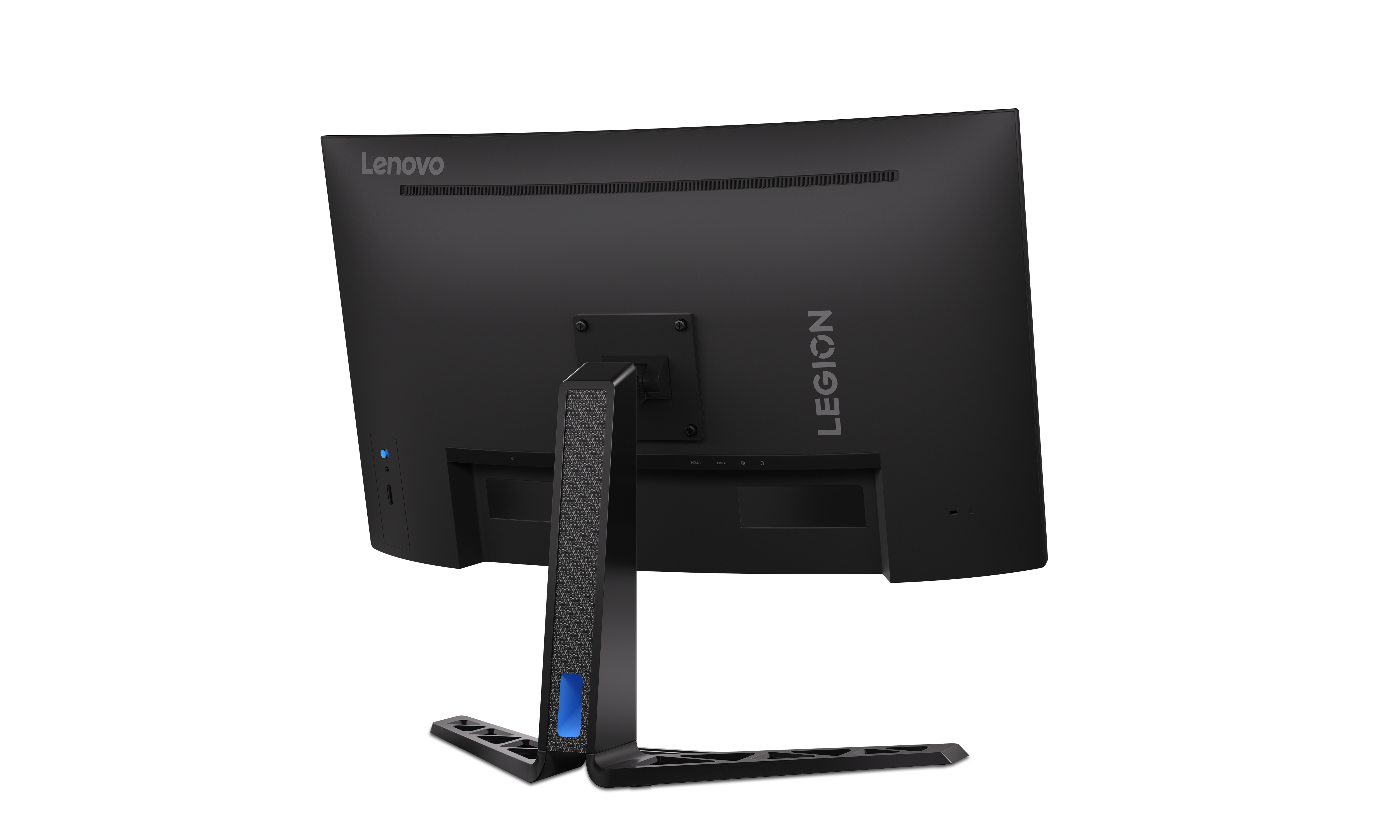 Rückansicht eines schwarzen Lenovo Legion Monitors auf weißem Hintergrund.
