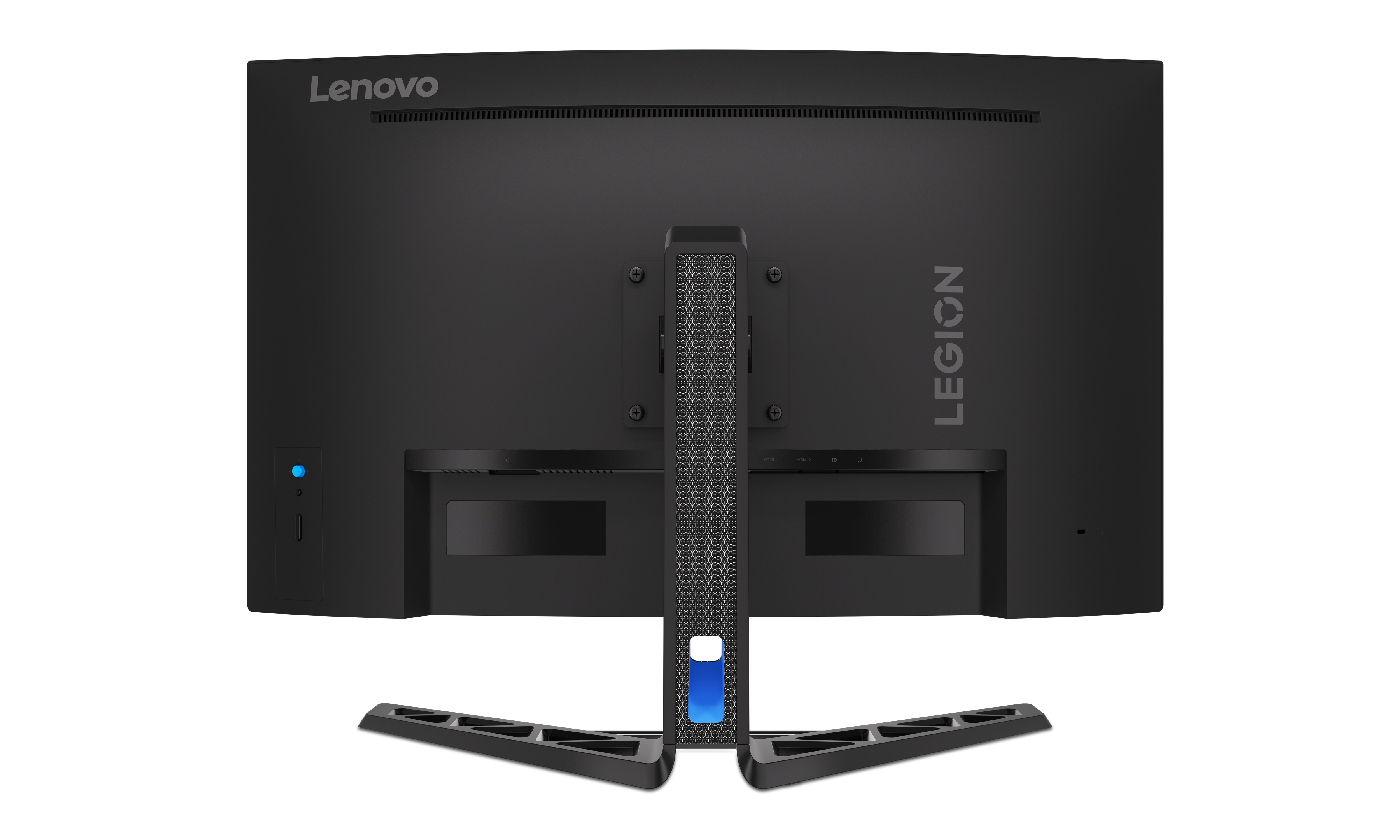 Rückseite eines Lenovo Legion Gaming-Monitors. Zeigt den Standfuß und das Legion-Logo.
