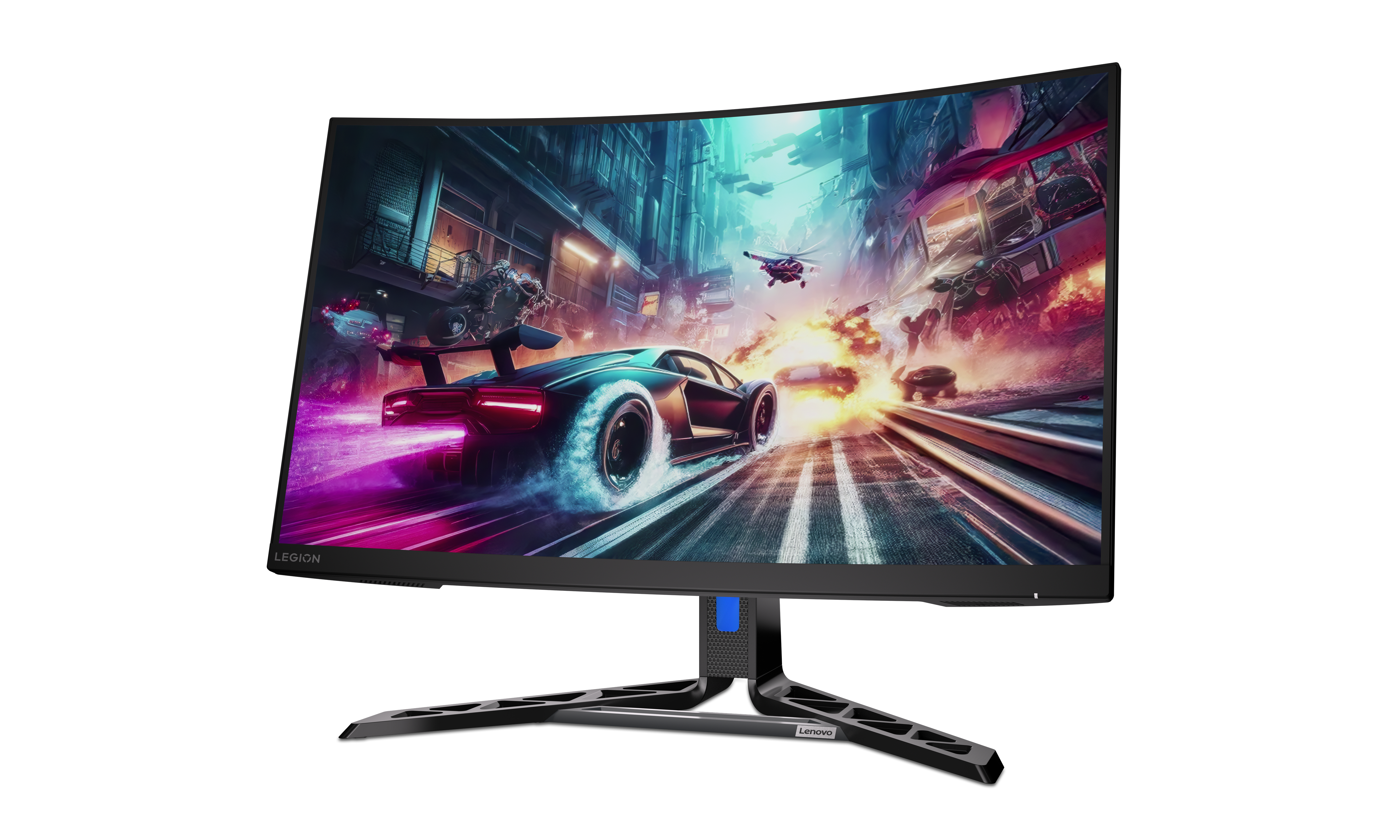 Gebogener Gaming-Monitor, der eine Rennspielszenen anzeigt.