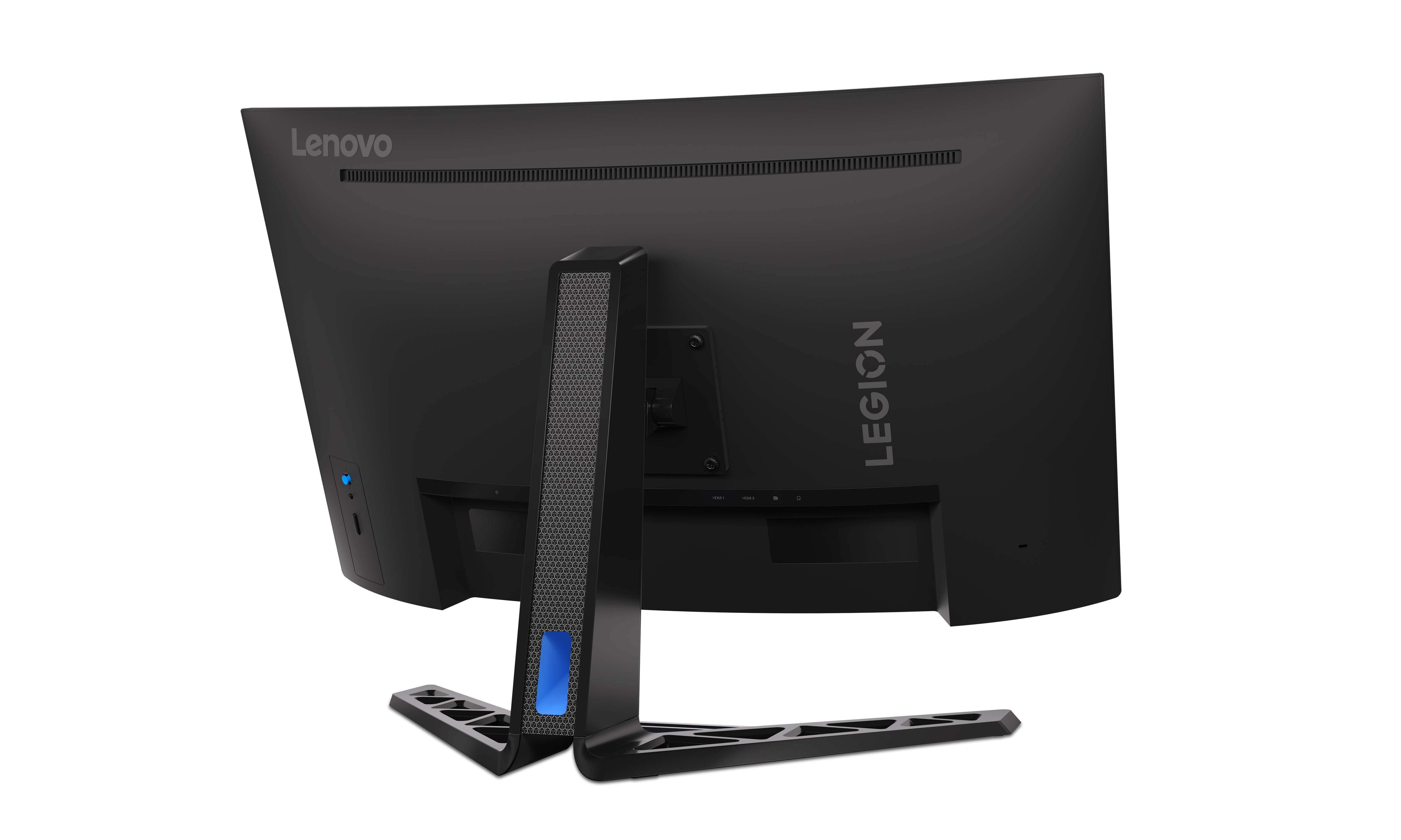 Rückansicht eines schwarzen Lenovo Legion Monitors vor weißem Hintergrund. Der Ständer ist sichtbar.
