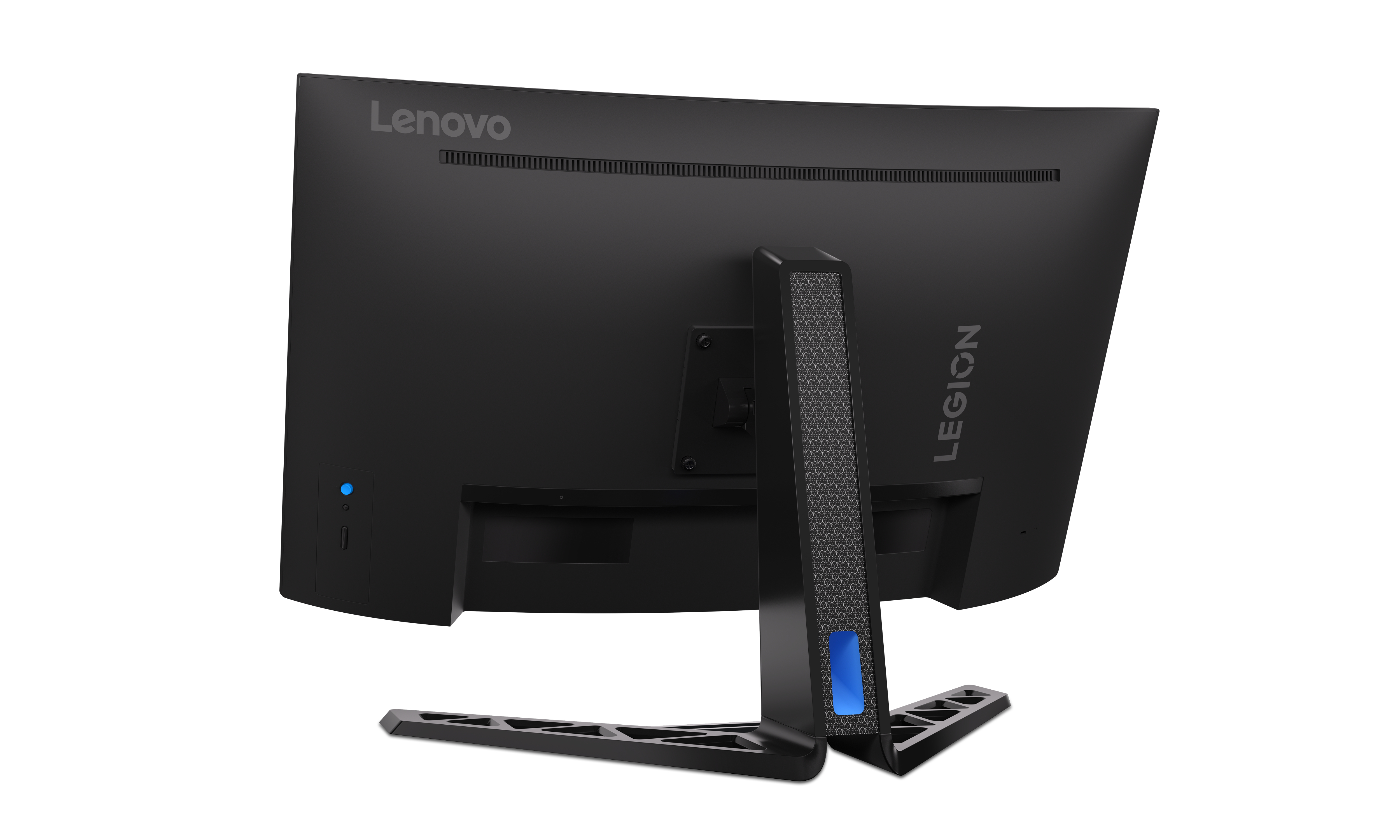 Rückansicht eines schwarzen Lenovo Legion Monitors mit gewölbtem Bildschirm und blauem Licht.