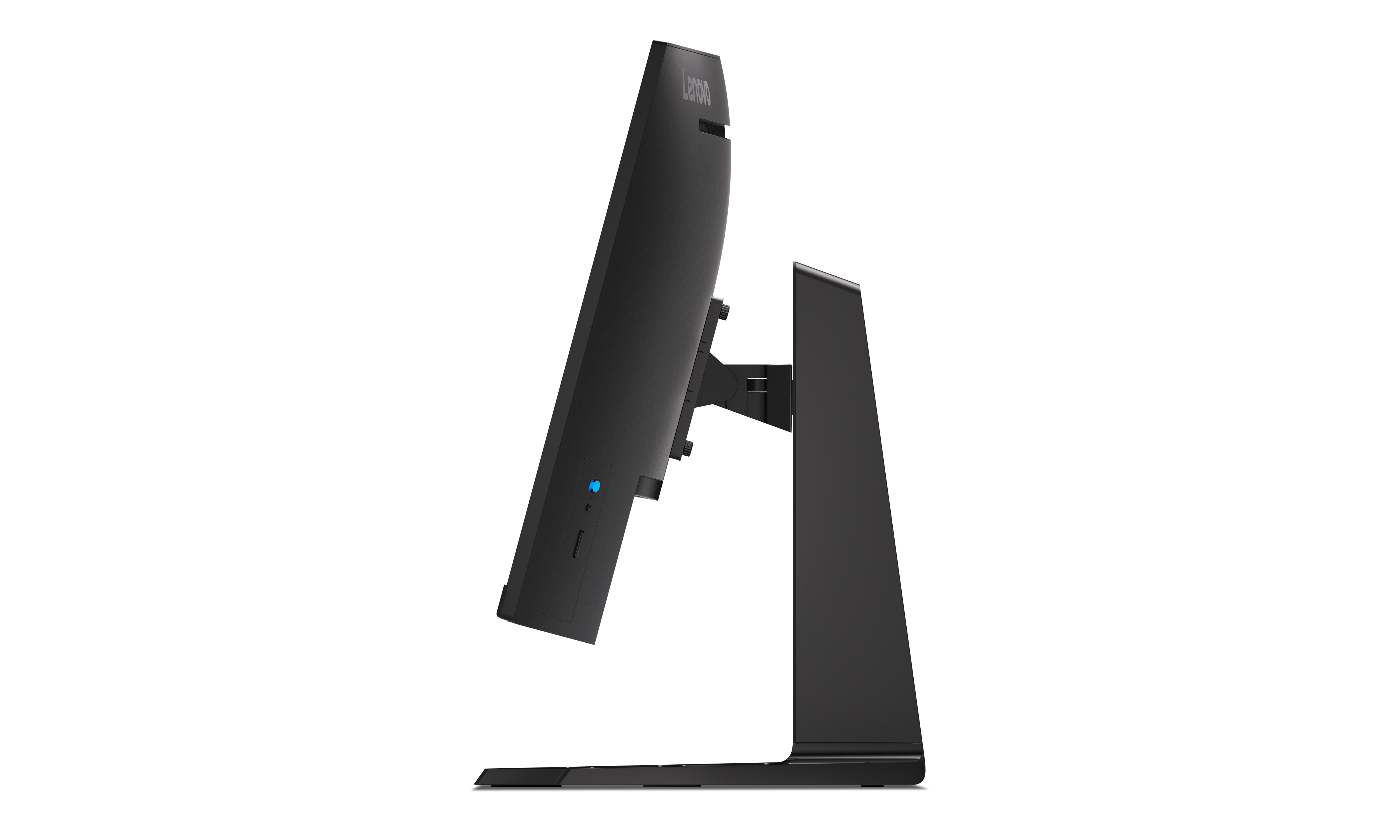 Schwarzer Computermonitor, Seitenansicht, mit blauem Licht.
