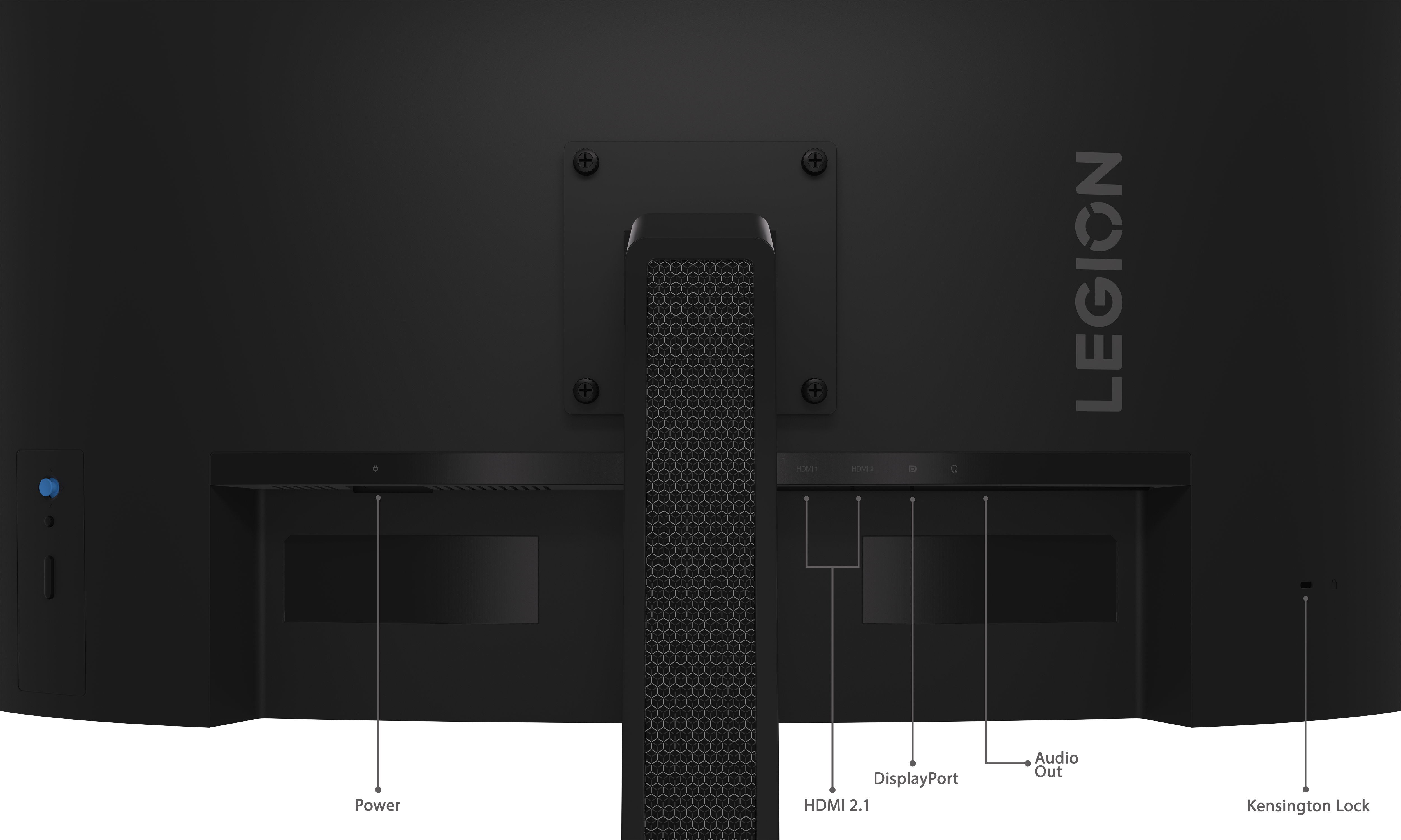 Rückseite eines schwarzen Legion-Monitors. Anschlüsse für Strom, HDMI, DisplayPort und Kensington-Schloss sind sichtbar.