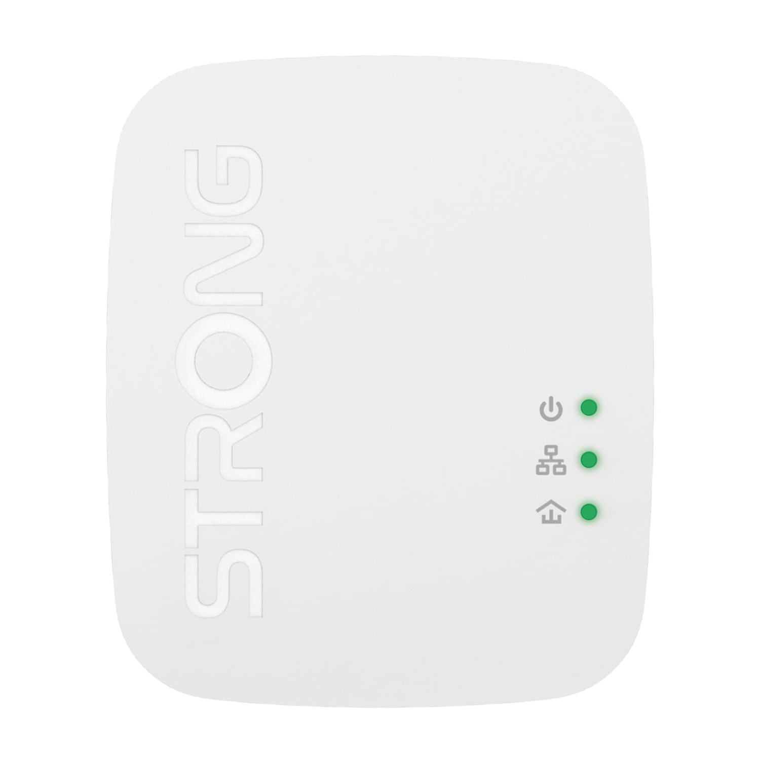 Dispositivo STRONG bianco con spie verdi. La parola STRONG è in rilievo sulla parte superiore.