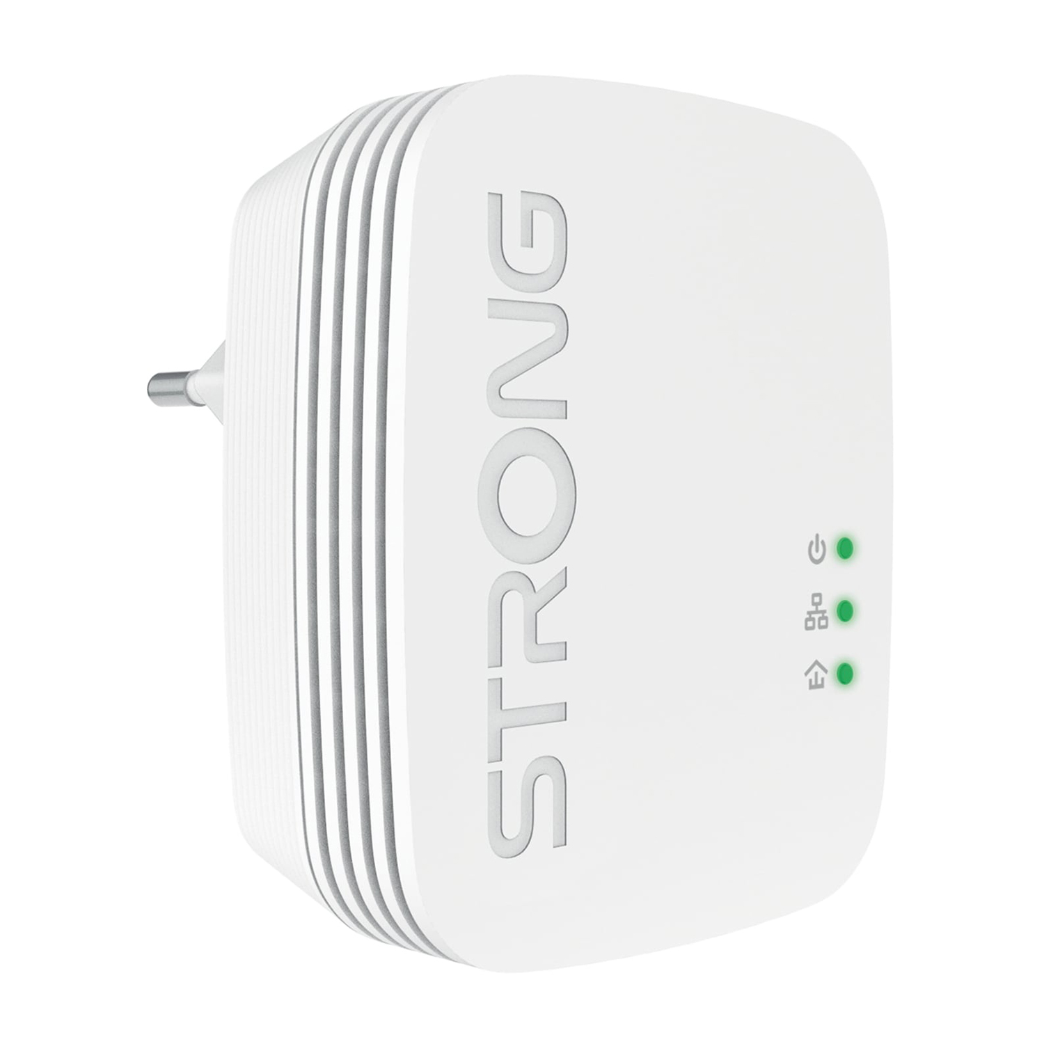 Adattatore powerline STRONG bianco con spie che indicano diversi stati.