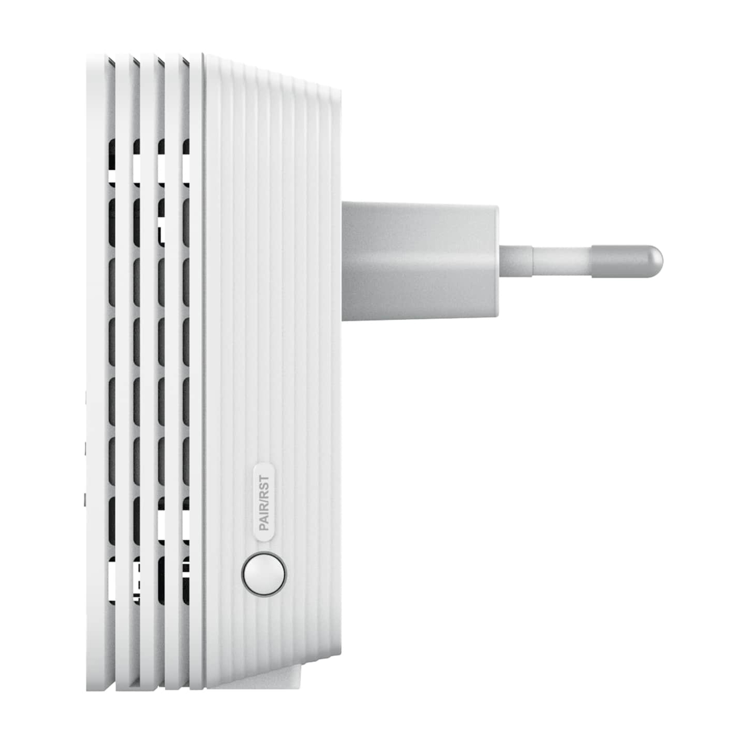 Un dispositivo a innesto bianco con fessure verticali. Ha un pulsante di accoppiamento/reset e una spina a destra.