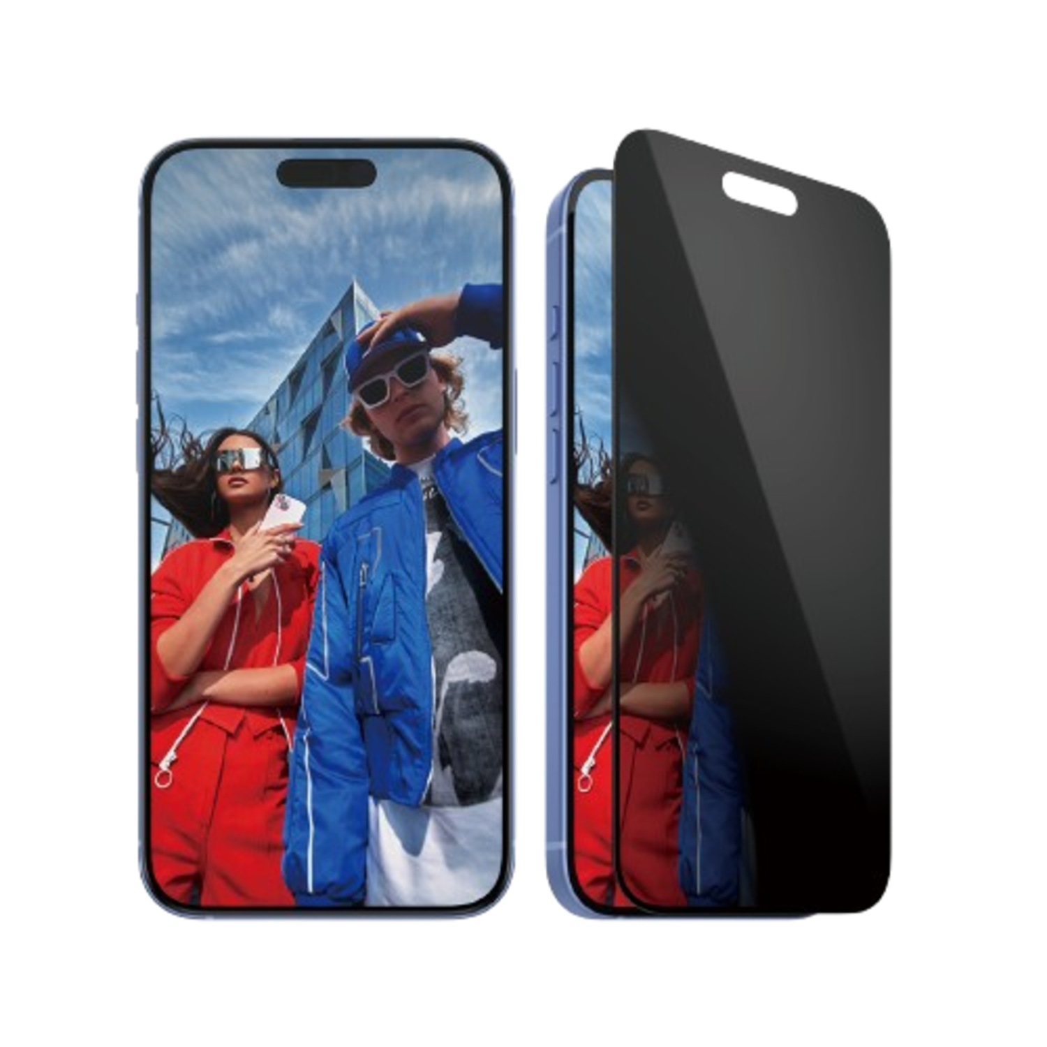 Twee telefoons met mensen op het scherm. Eén heeft een privacy scherm.