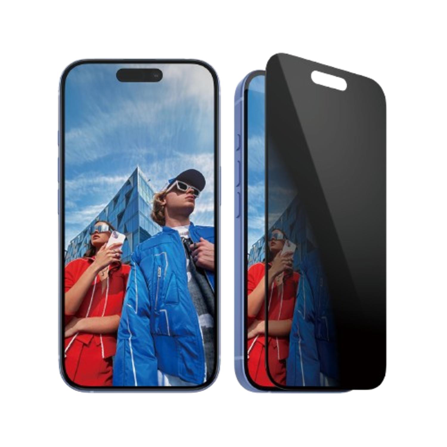 Twee telefoons met schermbeschermers. Mensen zijn zichtbaar op de telefoonschermen.
