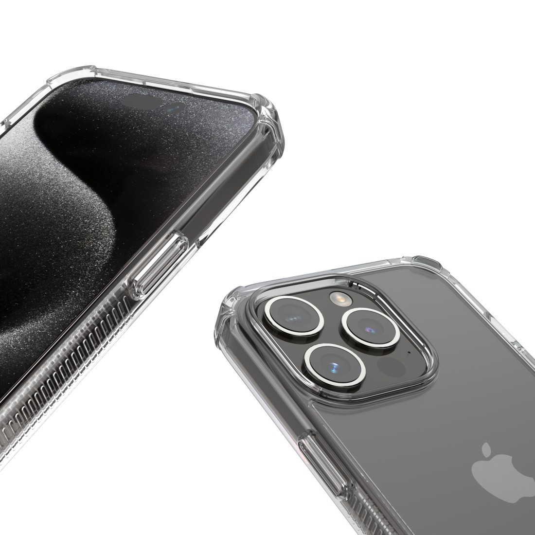 Zwei Telefone mit transparenten Schutzhüllen, Nahaufnahme.
