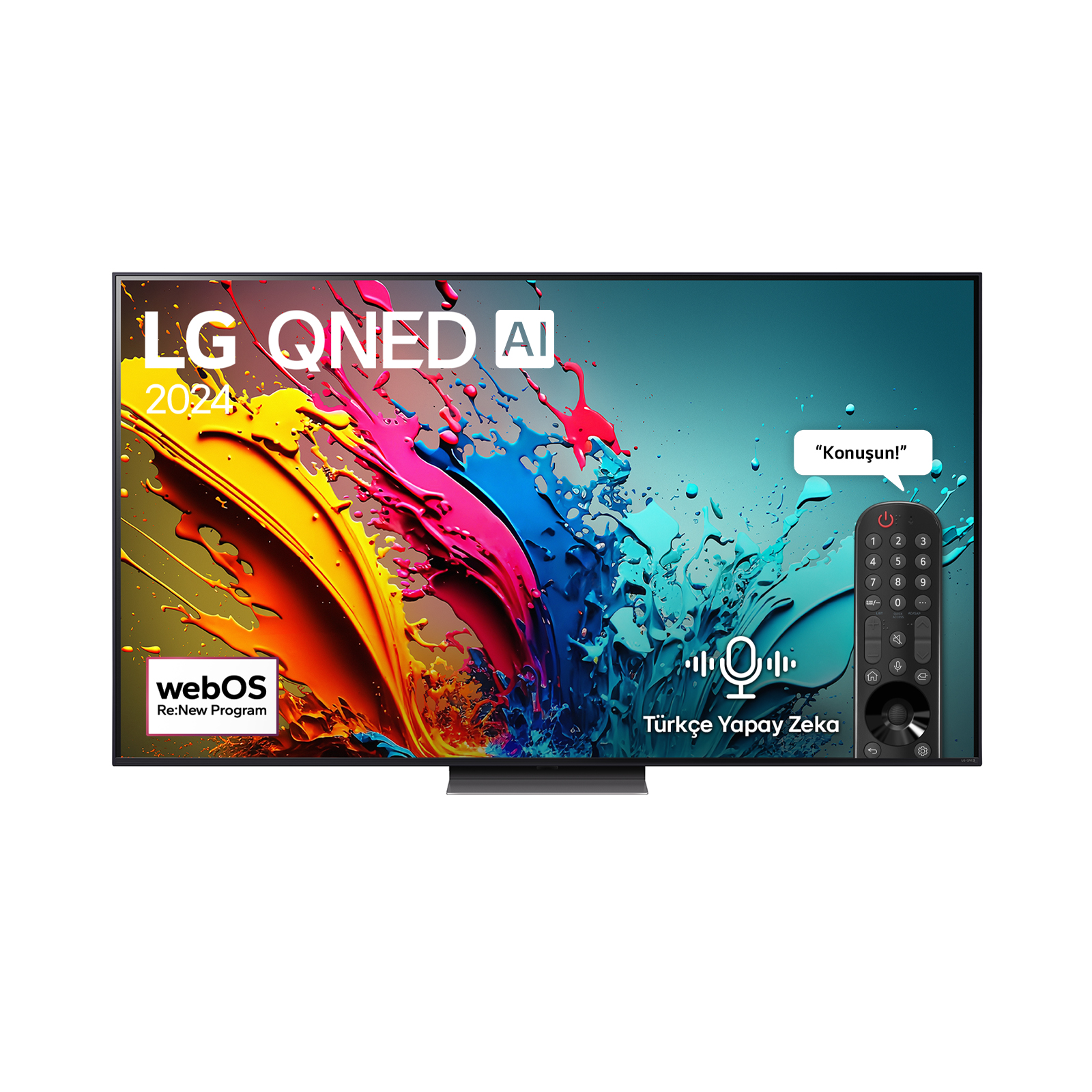 Renkli soyut bir arka plan ve uzaktan kumandayla LG QNED AI TV.