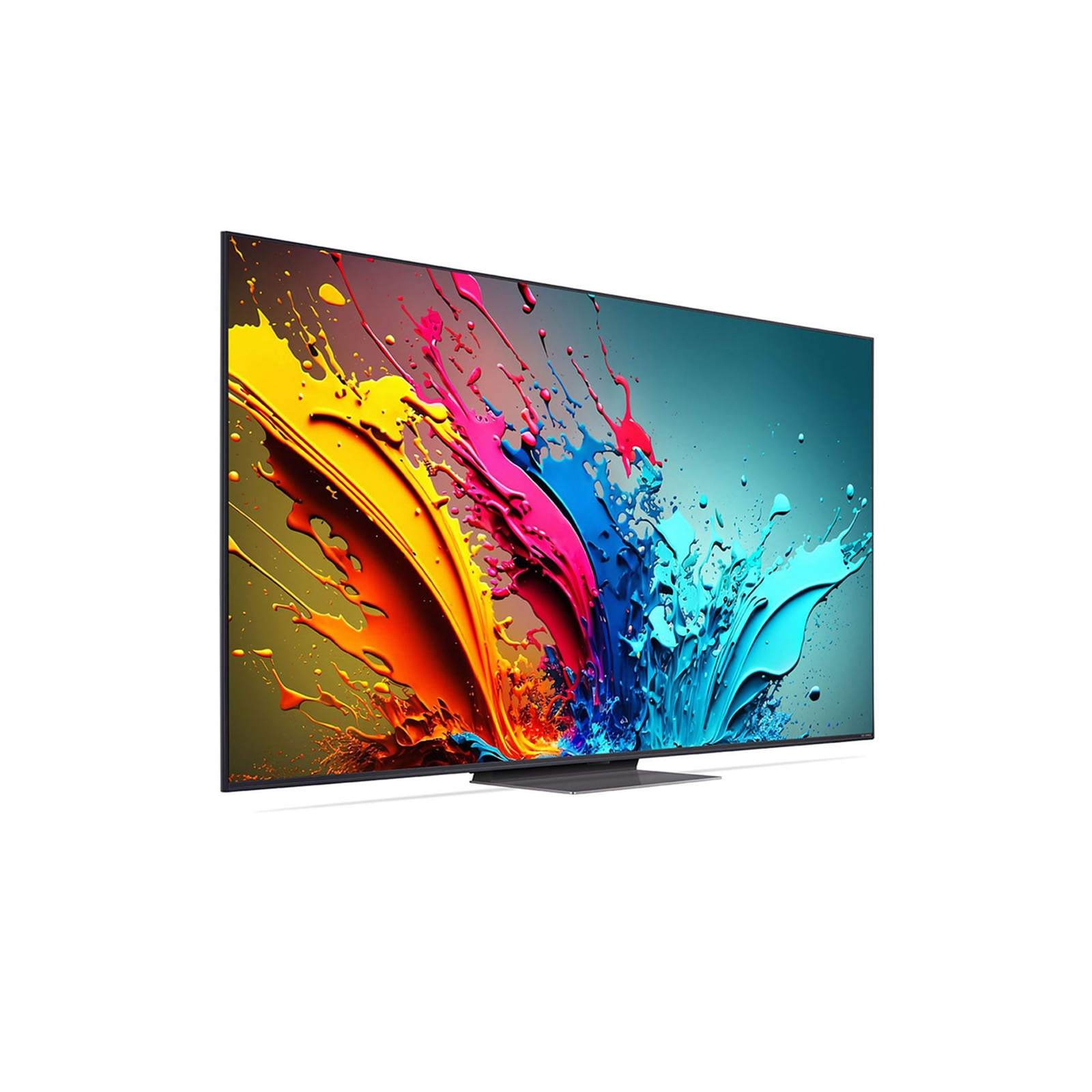 Modern bir TV, renkli boya sıçramaları gösteriyor. TV bir stand üzerinde.