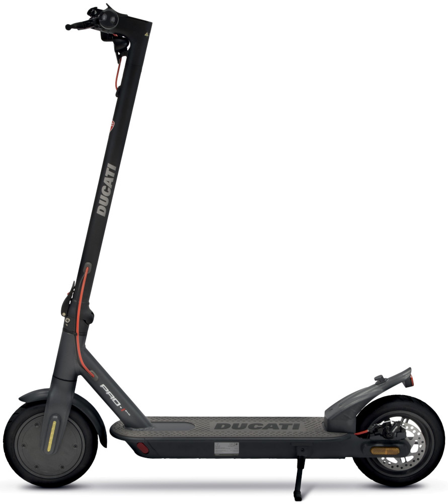 A black Ducati electric scooter on a white background. It has red accents and a kickstand.