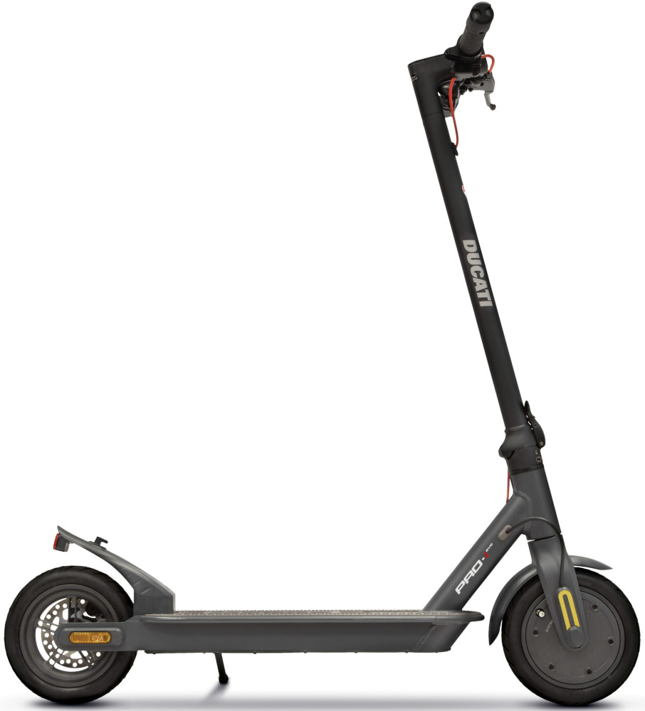 Black Ducati electric scooter on white background. Features front wheel, handlebars, and motor.