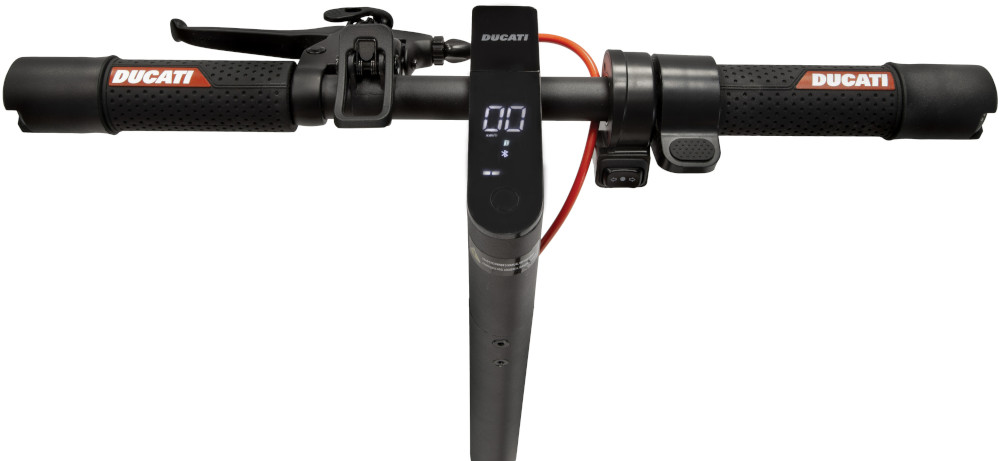 Ducati electric scooter handlebar, black with red accents, digital display, and controls.