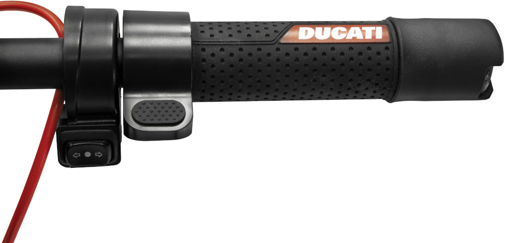 Black motorcycle handlebar with DUCATI logo, controls, and red cable.
