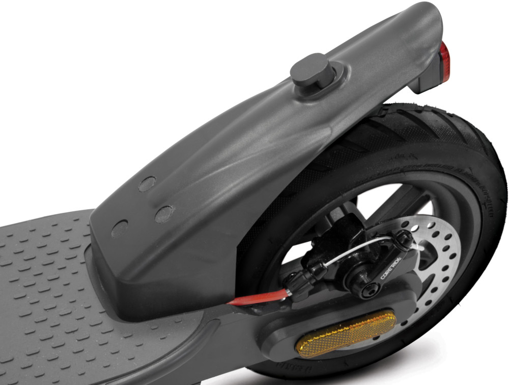 Rear view of a scooter. Gray fender with a wheel and brake system.