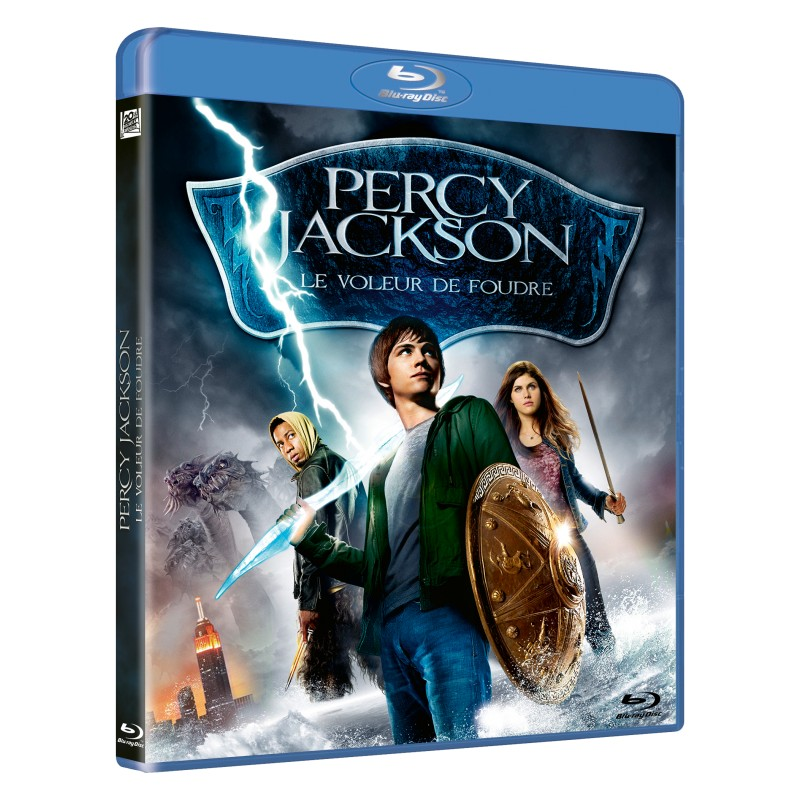 Blu-ray cover voor 'Percy Jackson: De Bliksemdief' met karakterkunst en stormachtige achtergrond.