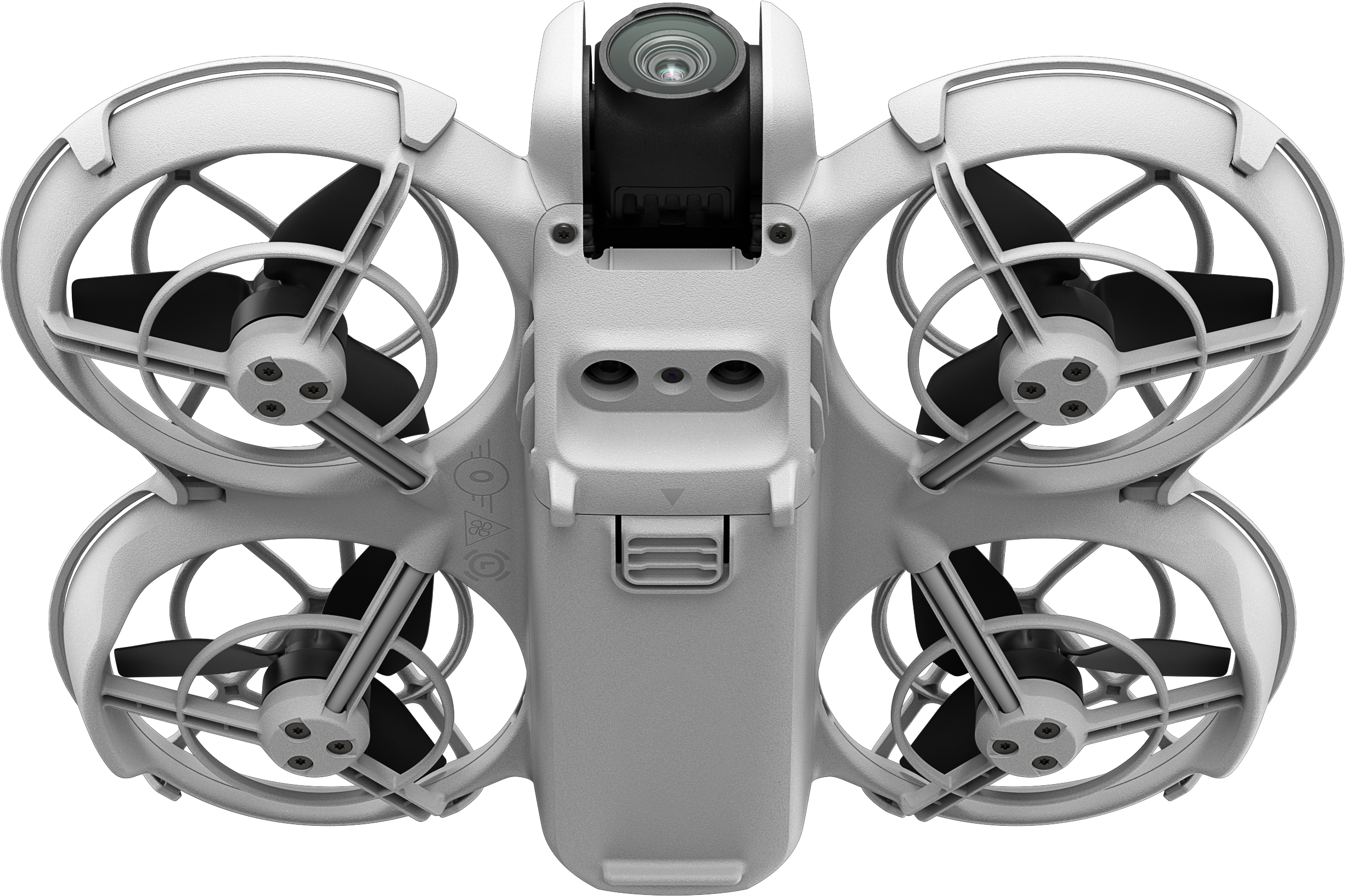 Drone blanc avec quatre hélices, caméra et fond noir.