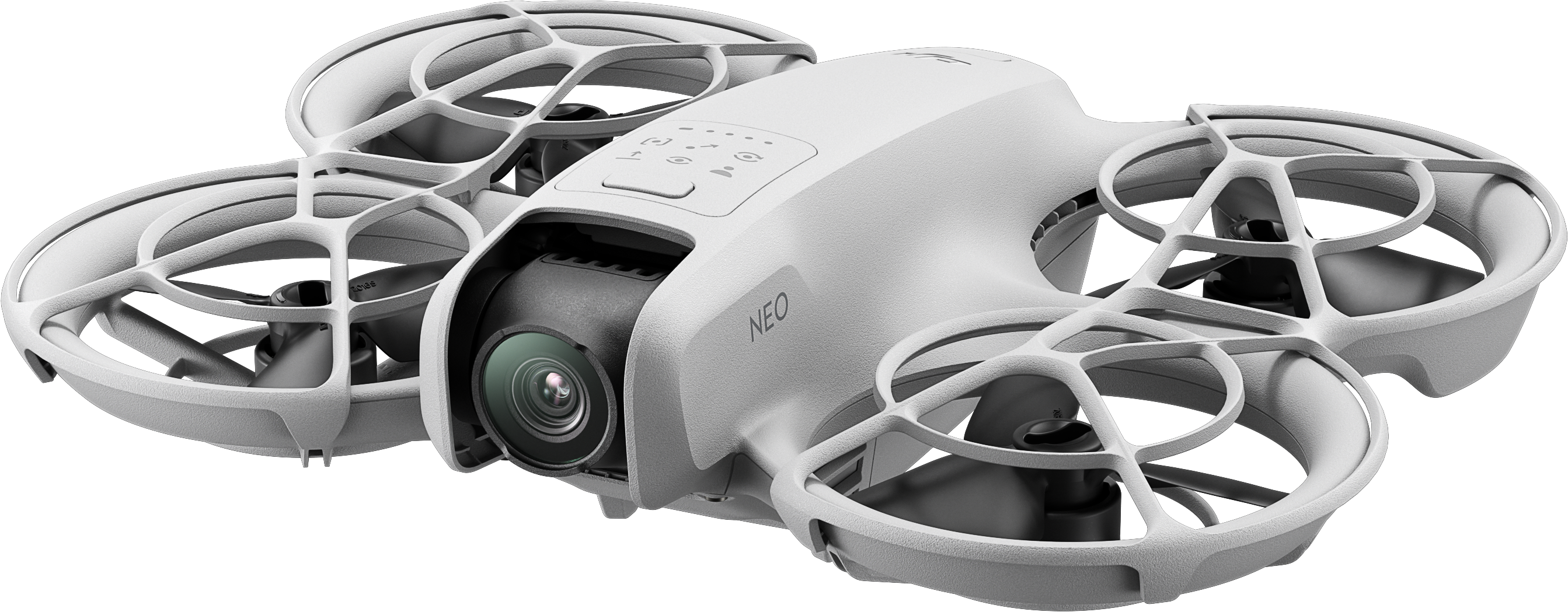 Un drone blanc aux bords arrondis. Il possède des hélices et une caméra orientée vers l'avant.