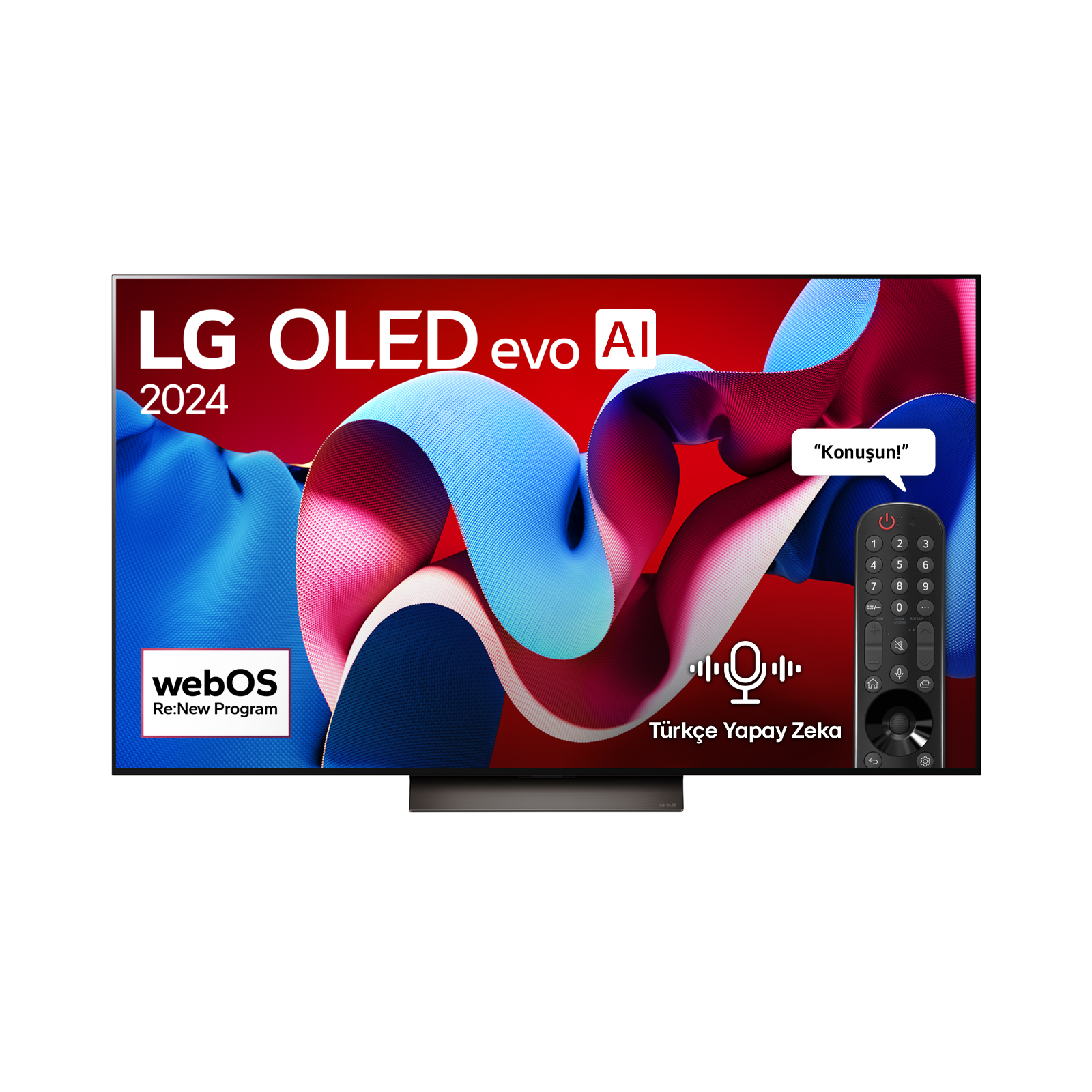 Renkli bir ekran sergileyen, uzaktan kumandalı modern bir TV ekranı.
