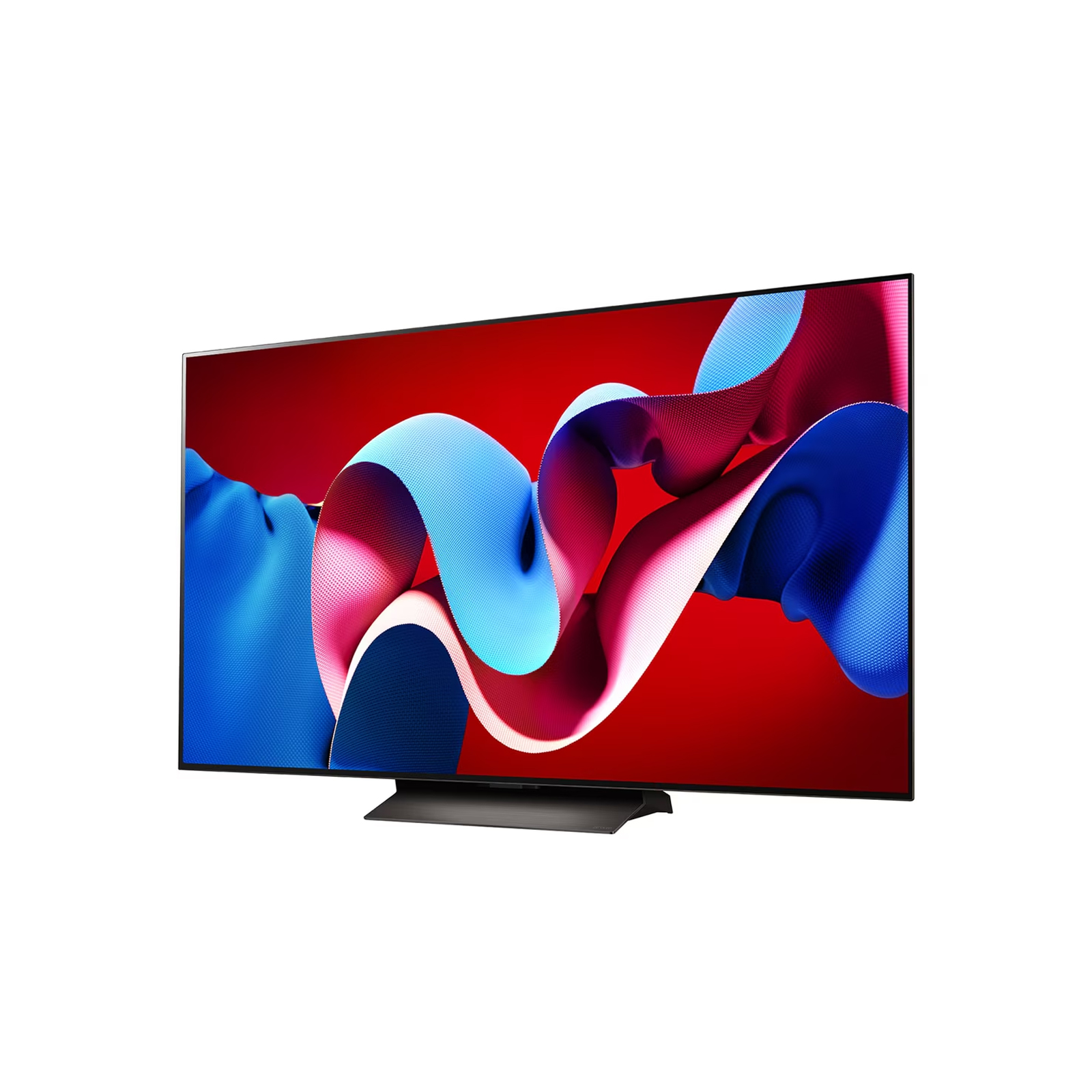Renkli soyut tasarımlı büyük TV ekranı. Kırmızı, mavi ve pembe dalgalı şekiller. Siyah ayaklık.