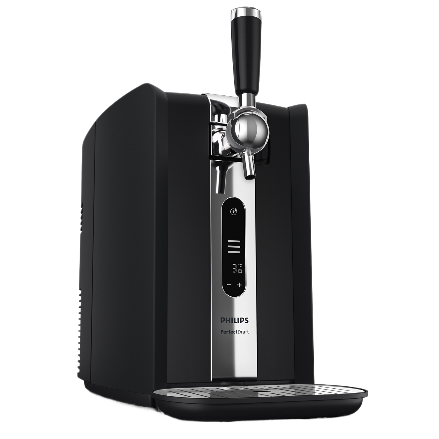 Een zwarte Philips PerfectDraft biertapmachine met een chromen kraan en digitaal display.