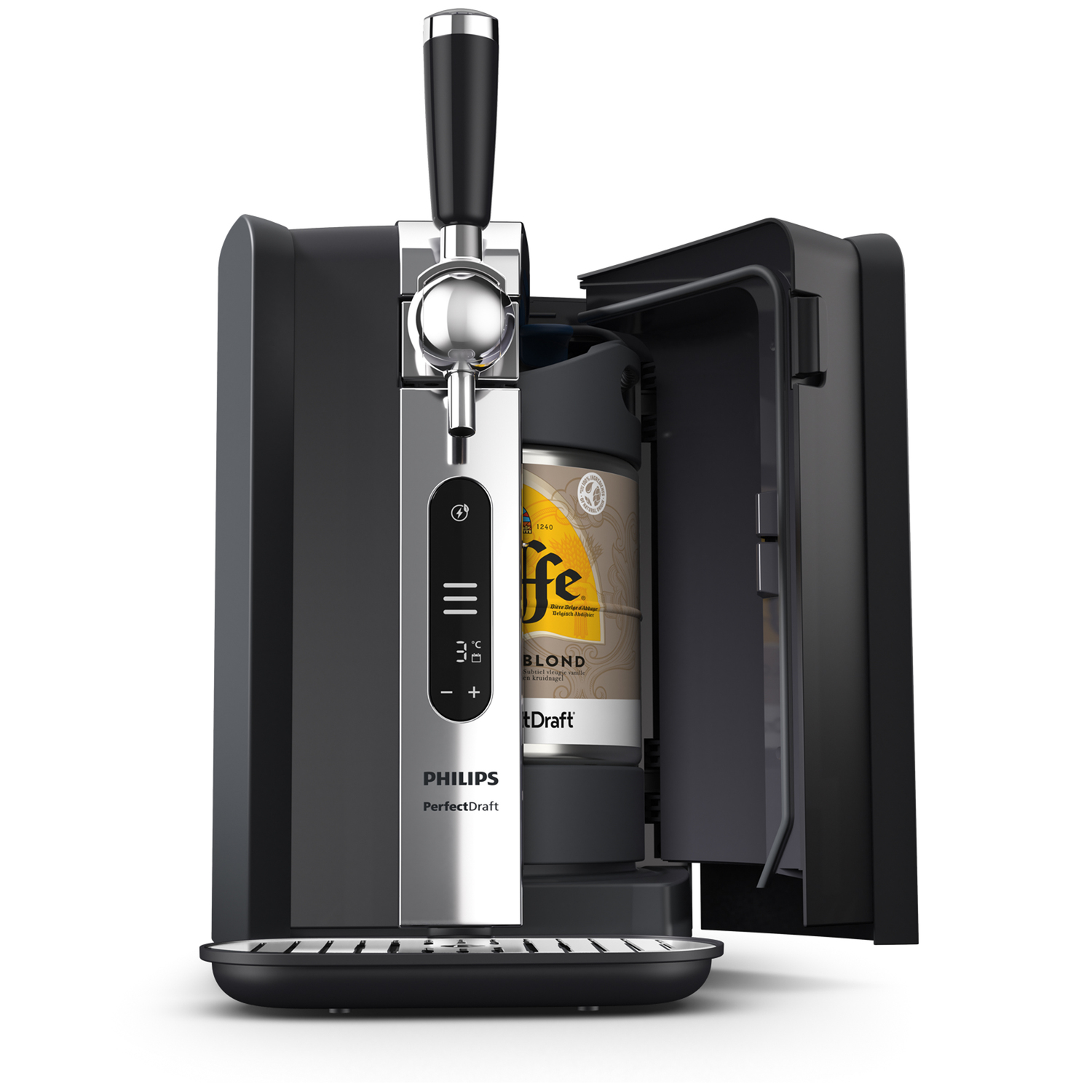 Philips PerfectDraft biertap met een biervat erin, open deur.