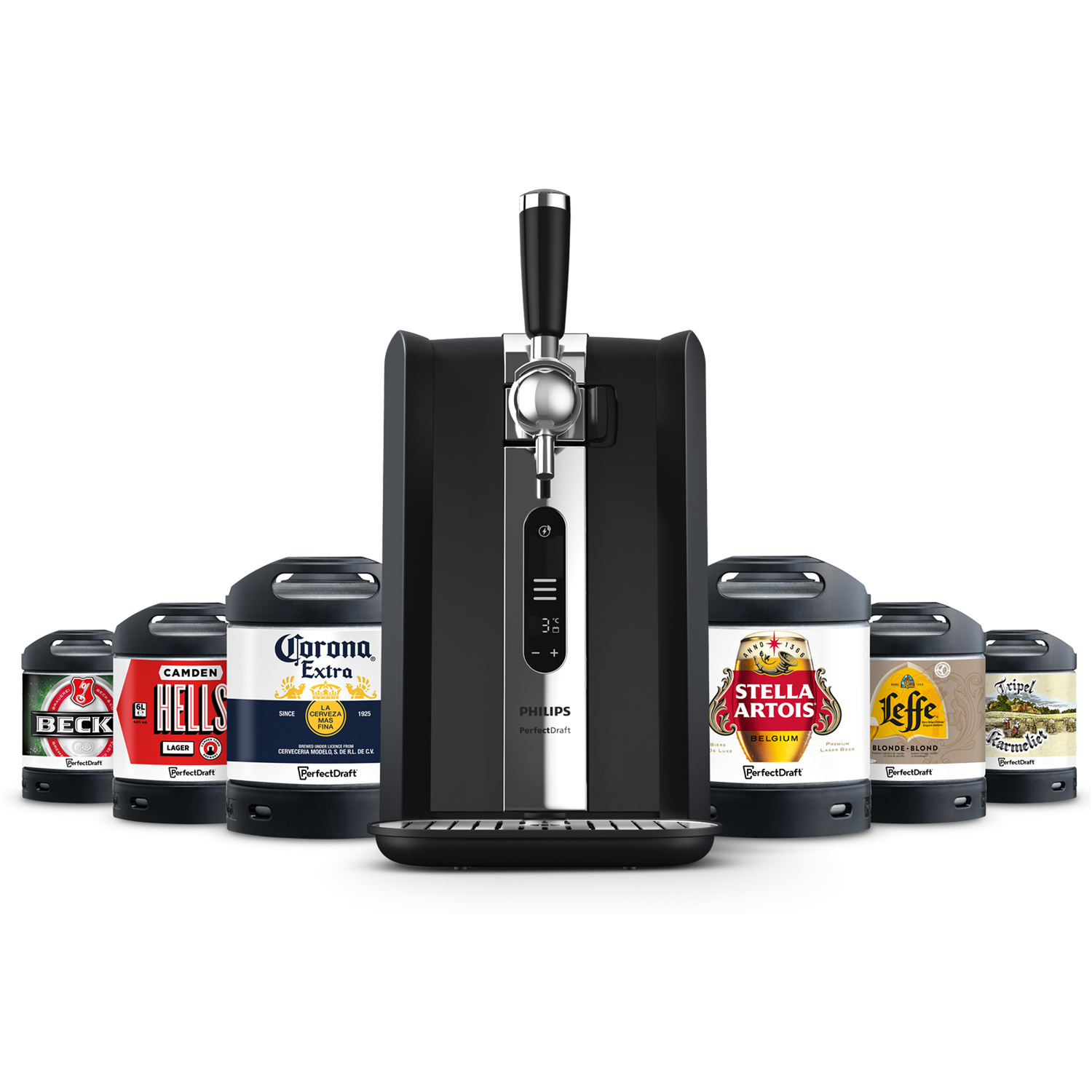 Een zwarte Philips PerfectDraft tap met diverse biervaten, met verschillende merken.