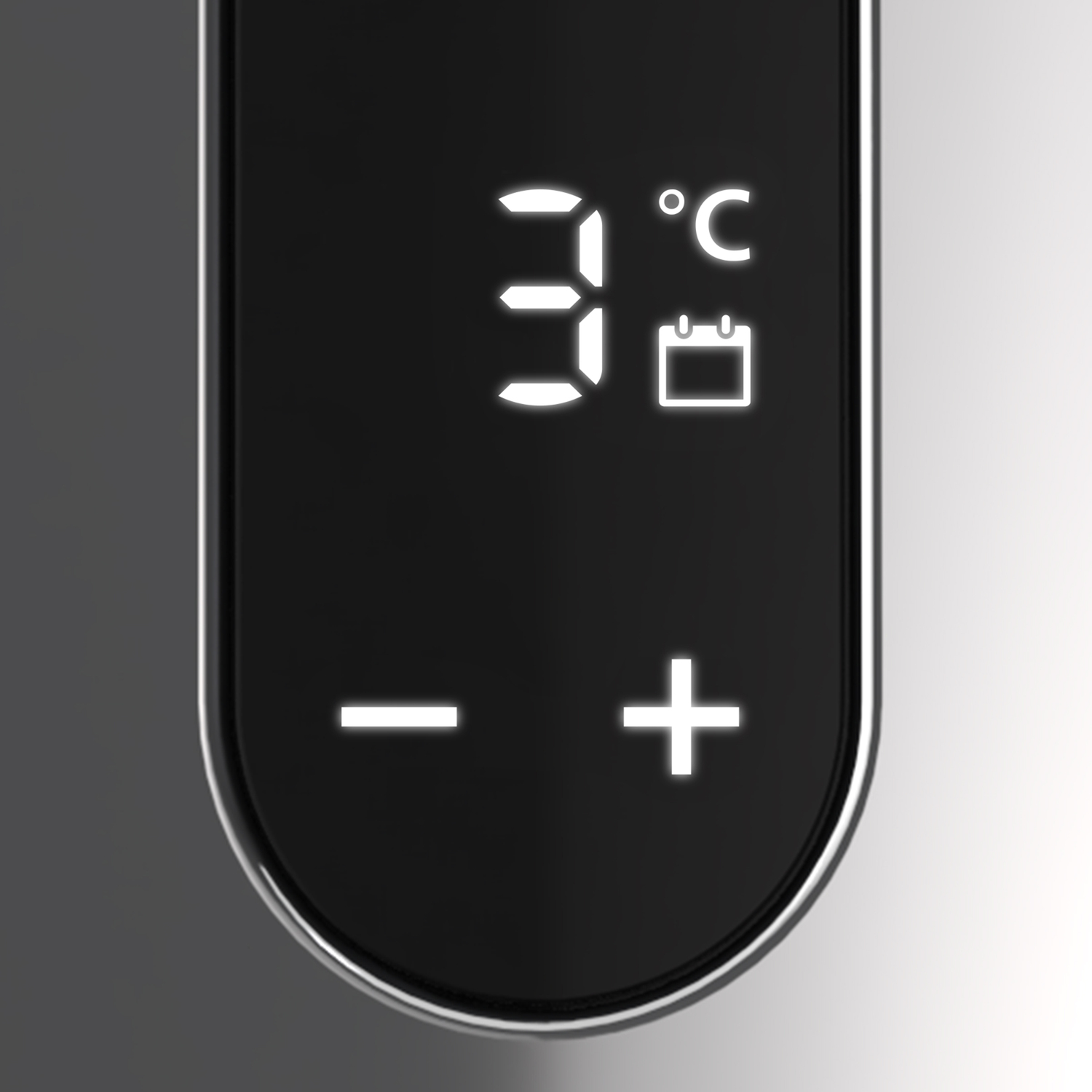Een zwart bedieningspaneel toont 3°C, een kalendericoon, plus- en minknoppen.