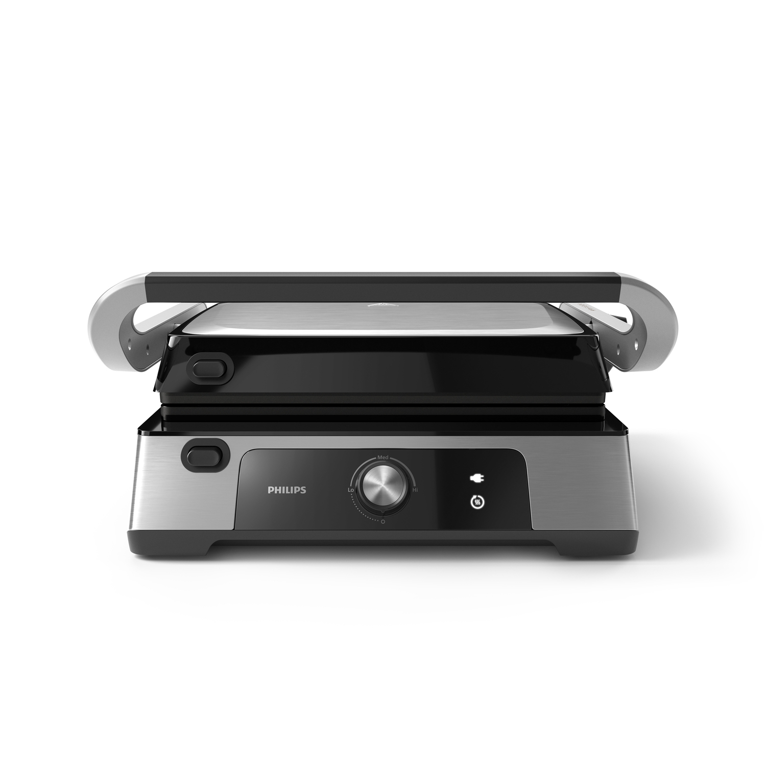 Philips grill met een zilveren bovenkant en zwarte basis, op een witte achtergrond.