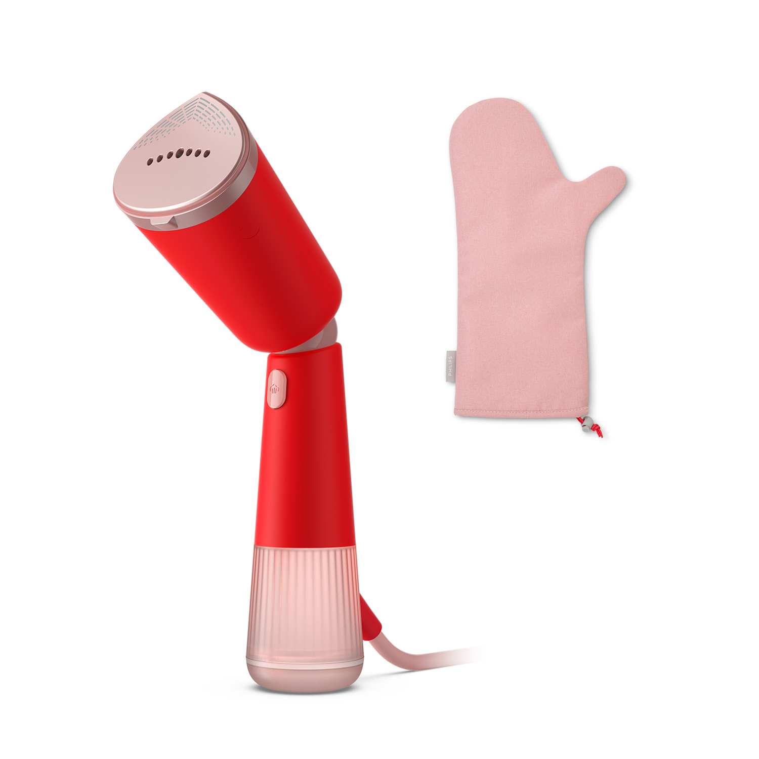 A red and pink handheld steamer with a pink mitt on a white background. Steam iron and a pink mitt.