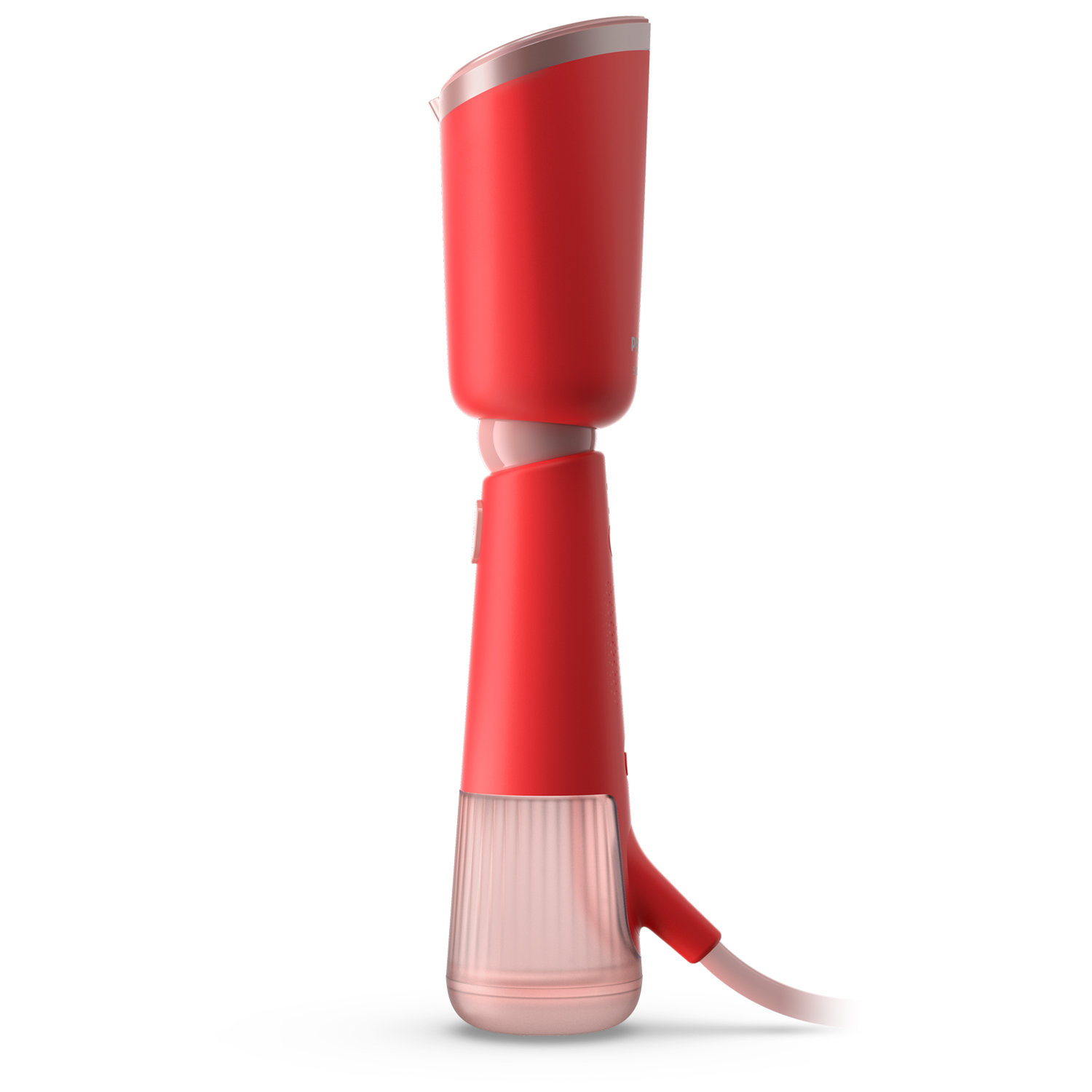 Red and pink Philips handheld steamer with a transparent water tank.
