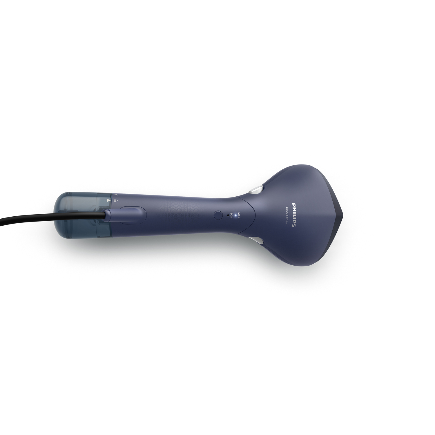 A blue handheld steamer on a white background.