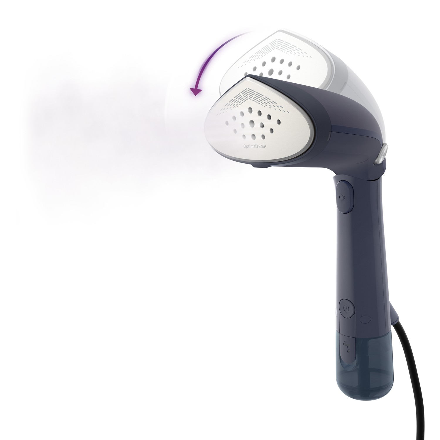 A handheld garment steamer with steam and an angled arrow showing its movement.