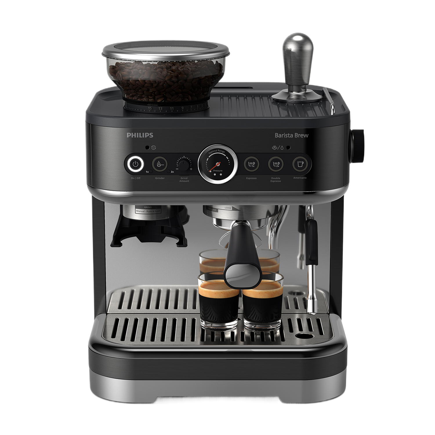 Een zwarte Philips espressomachine met een bonenreservoir, twee espresso's klaar.