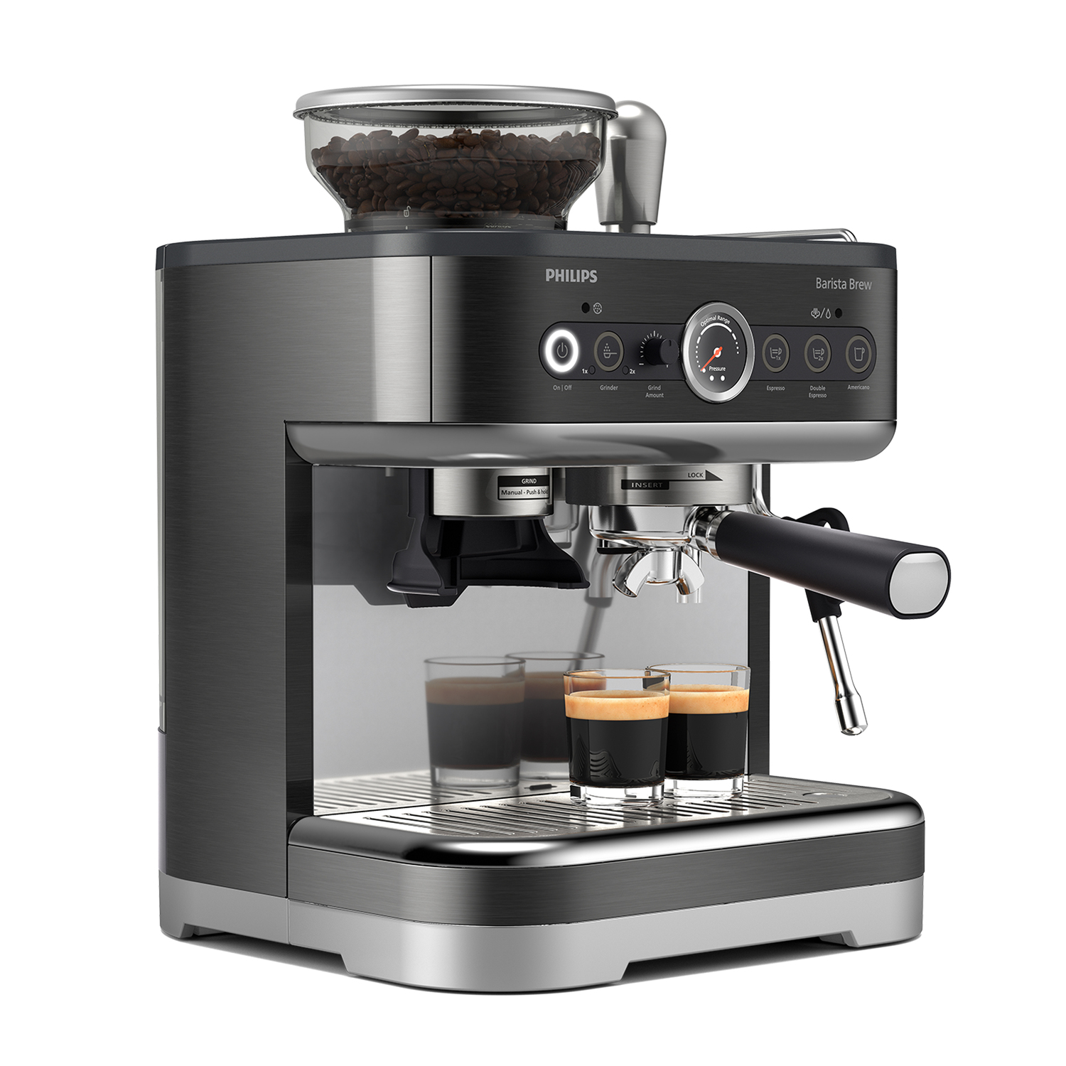Donkergrijze espressomachine. Glazen bonencontainer bovenop. Twee espresso's klaar.