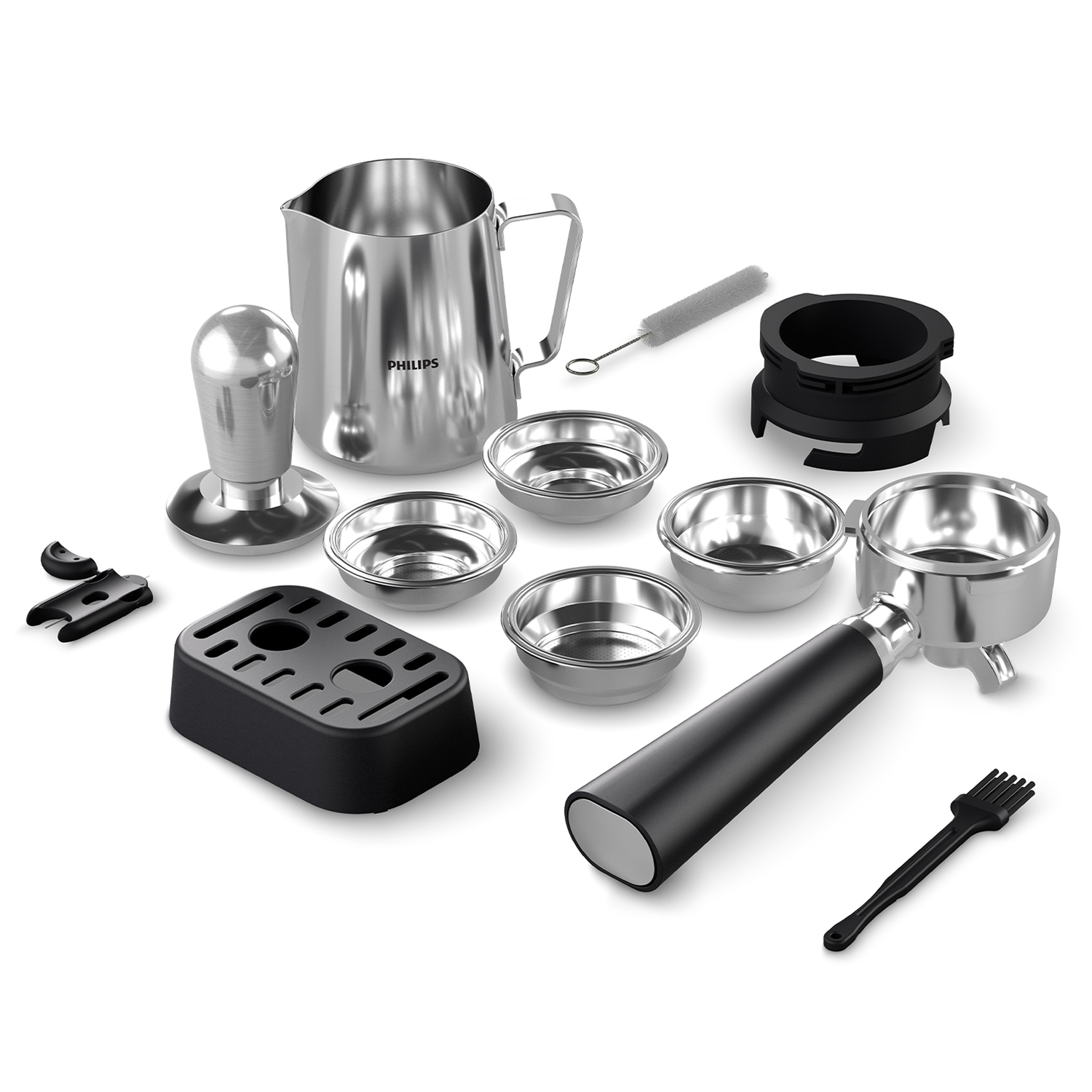 Espressomachine-accessoires: een kan, stamper, portafilter, kommen, borstel en een afklopbak.